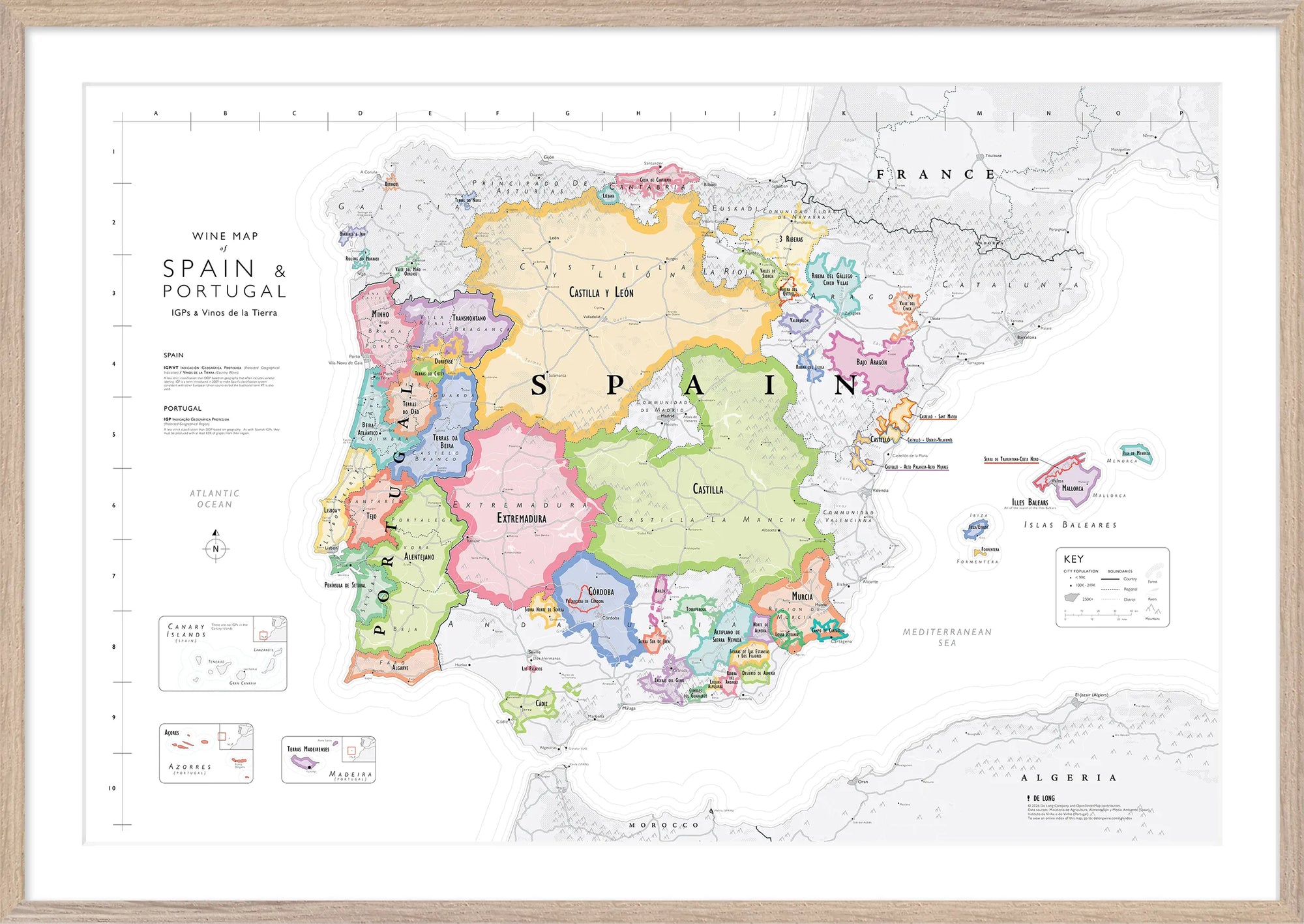 De Long Wine Map of Spain &amp; Portugal IGPs Framed shows color-coded regions, major cities, and bordering countries.