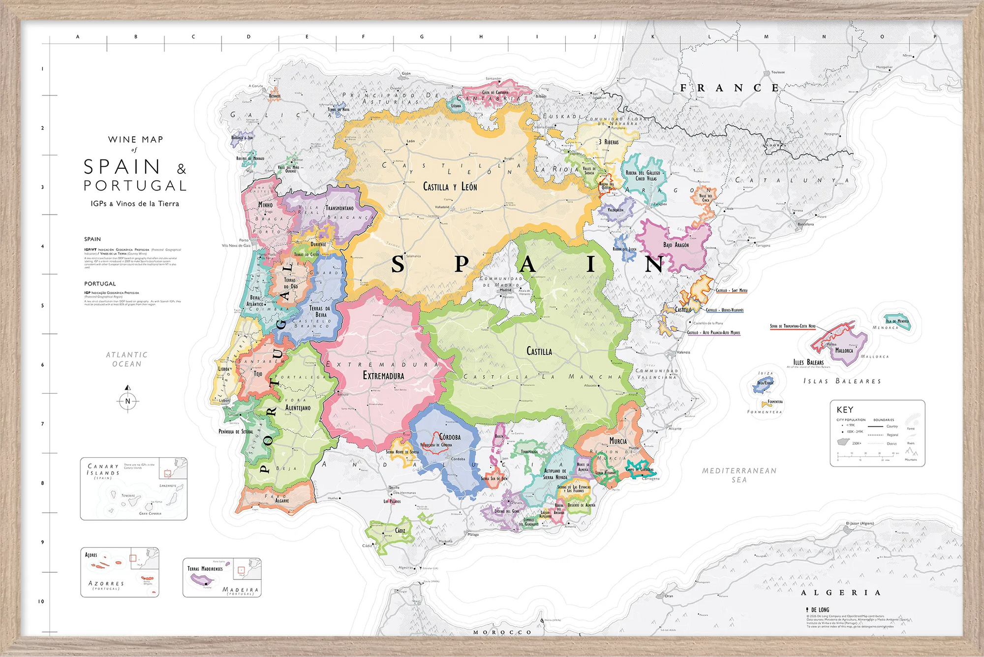 De Long Wine Map of Spain &amp; Portugal IGPs, framed, with colorful regions bordered by France and Algeria.