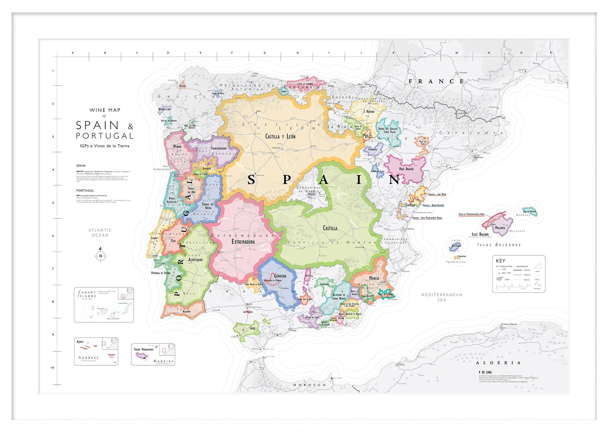 De Long Wine Map of Spain &amp; Portugal IGPs Framed: colorful regions, labeled, with a key and neighboring countries.