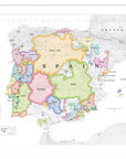 De Long Wine Map of Spain & Portugal IGPs Framed: colorful regions, labeled, with a key and neighboring countries.