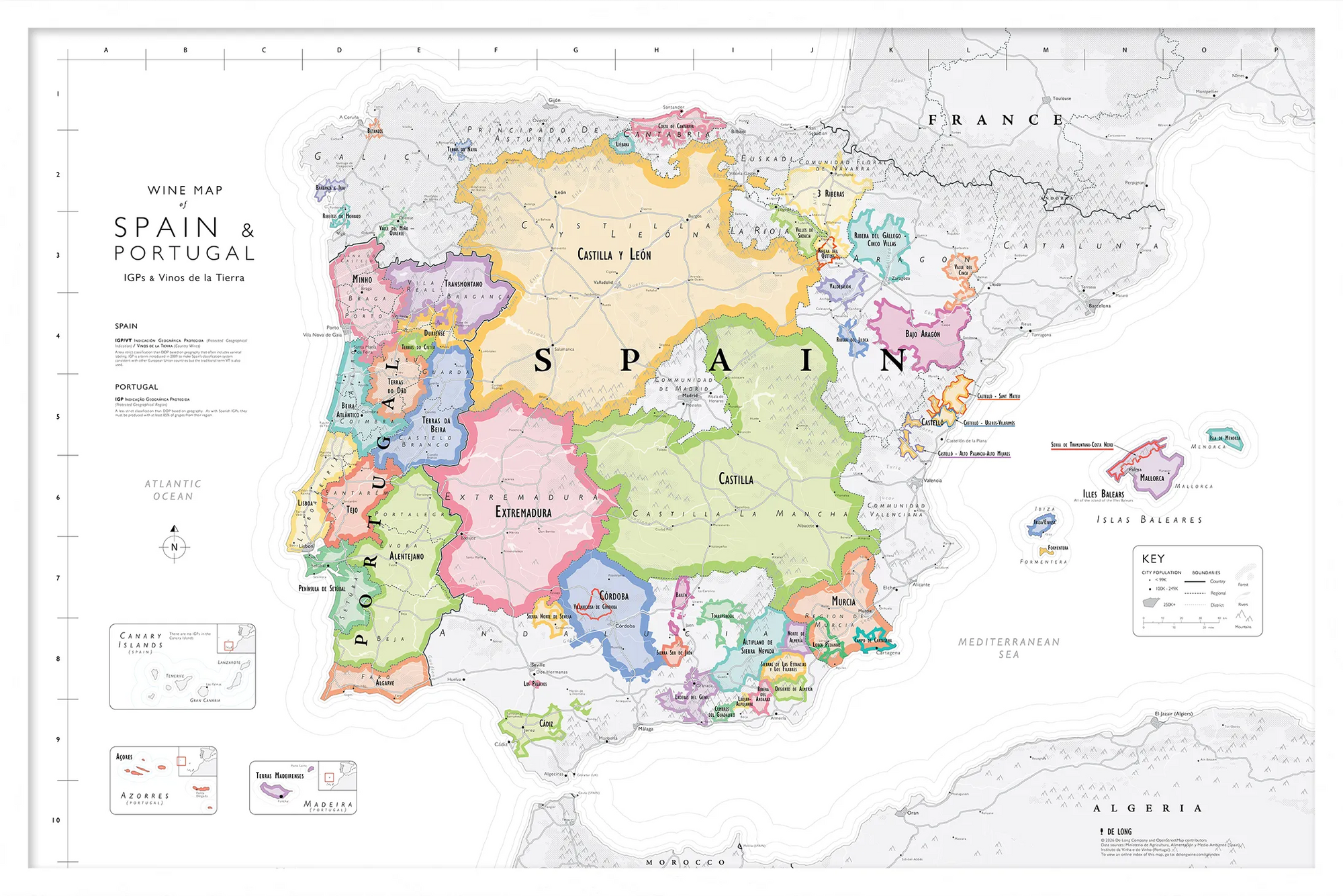 De Long Wine Map of Spain &amp; Portugal IGPs Framed: color-coded with regions, boundaries, and regional names.