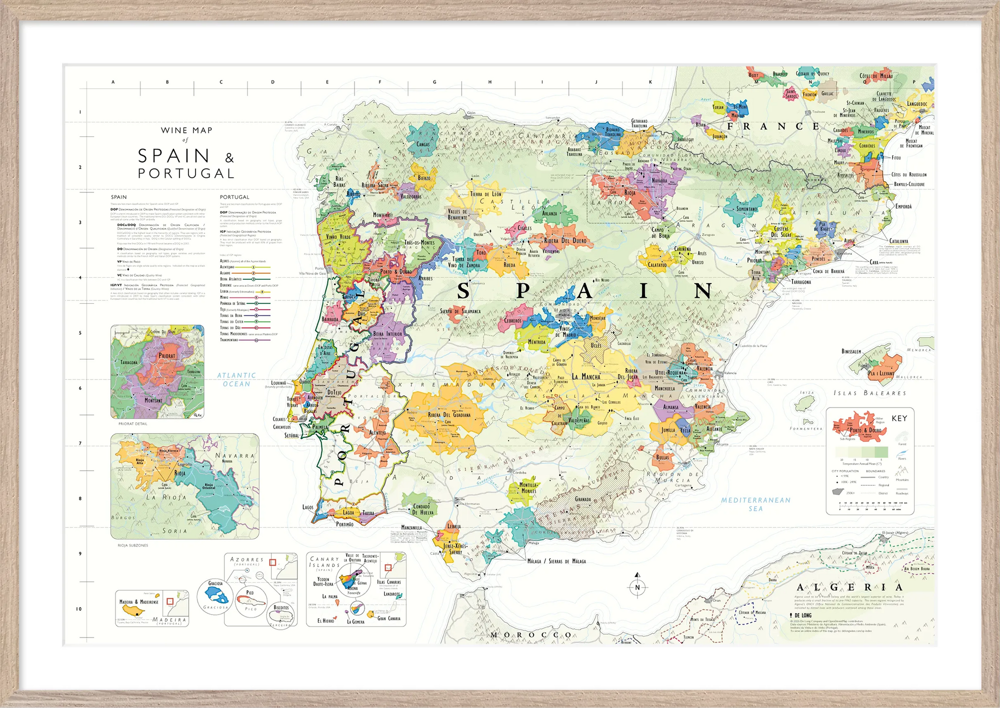 De Long Wine Map of Spain &amp; Portugal Framed, 24x36", features colorful regions, labels, and a clear legend.