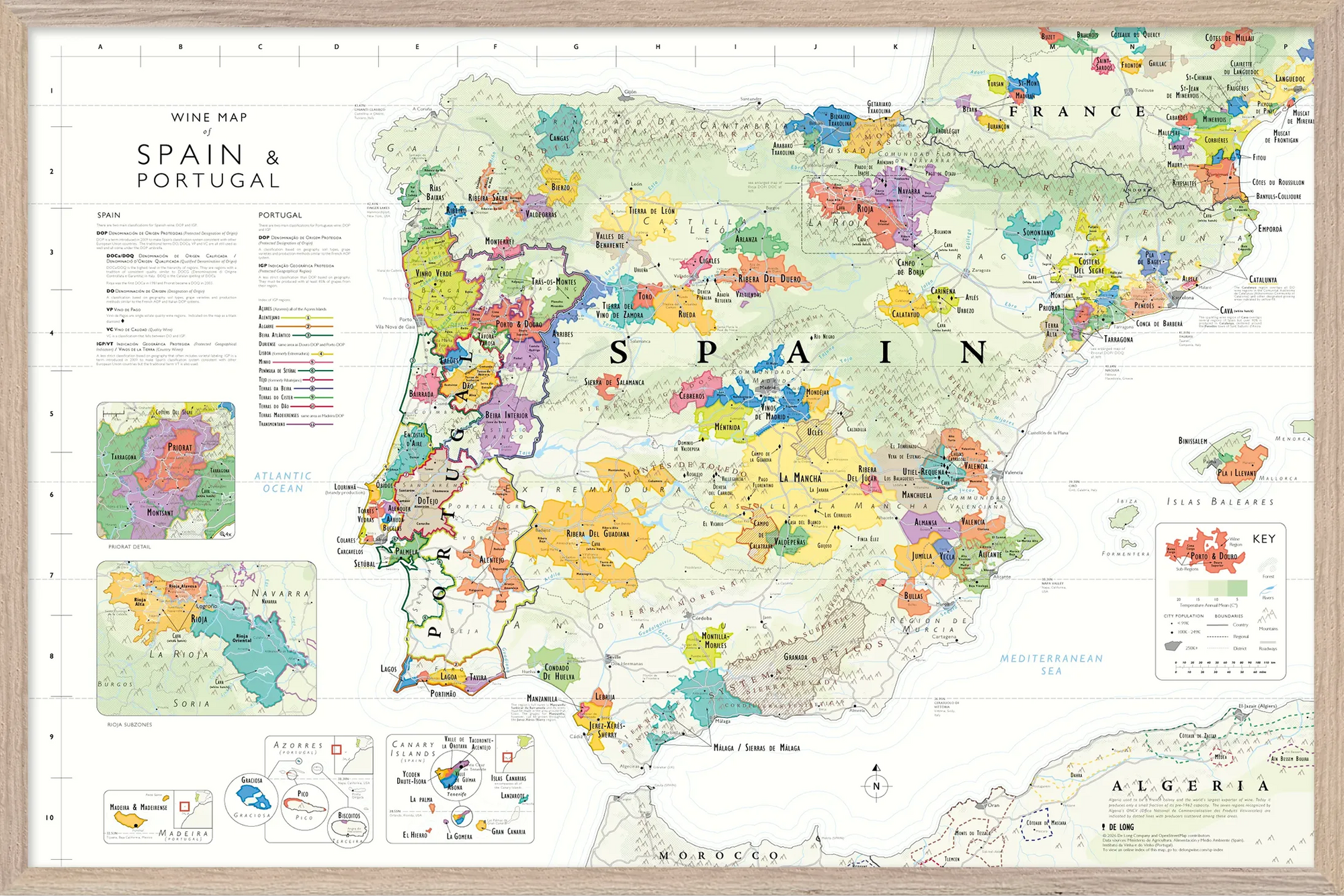 De Long Wine Map of Spain &amp; Portugal Framed, 24"x36", color-coded regions, rivers, borders &amp; legend.