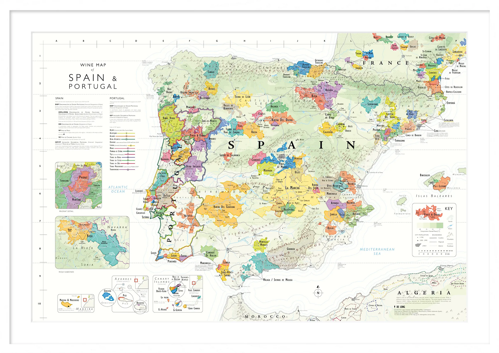 De Long Wine Map of Spain &amp; Portugal Framed, 24x36", features colored regions, borders, rivers &amp; features.