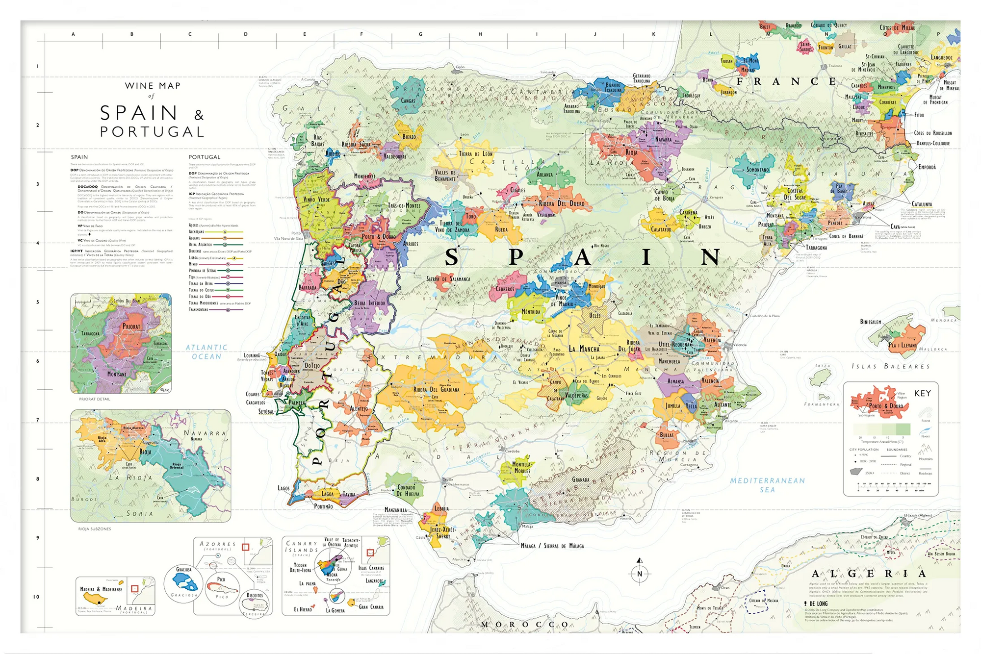 De Long Wine Map of Spain &amp; Portugal Framed, 24x36", features colorful wine regions and major cities labeled.