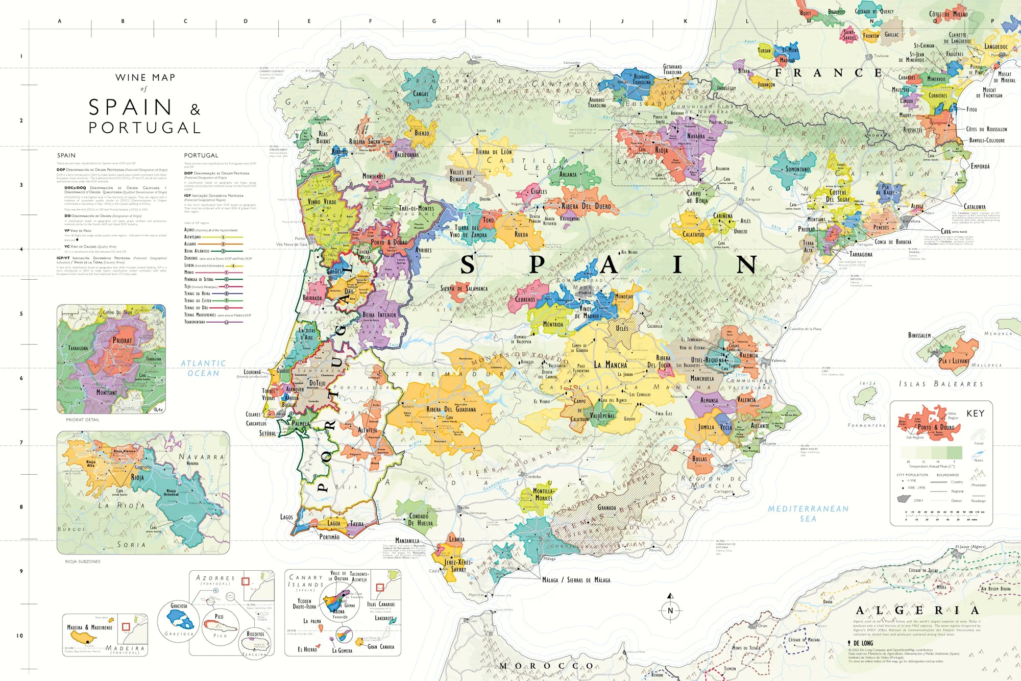 De Long Wine Map of Spain & Portugal on premium uncoated paper, highlighting Iberian wine regions.
