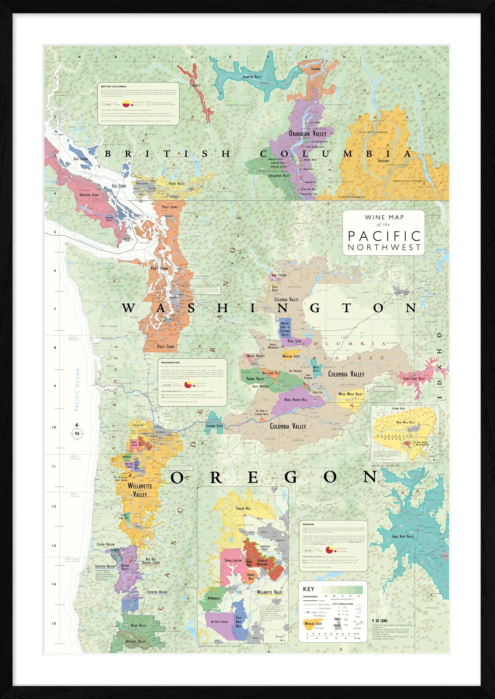 The De Long Wine Map of the Pacific Northwest Framed details AVAs in Oregon, Washington, and British Columbia.