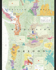 De Long Wine Map of the Pacific Northwest Framed—shows Oregon, Washington & BC AVAs with region names and boundaries.