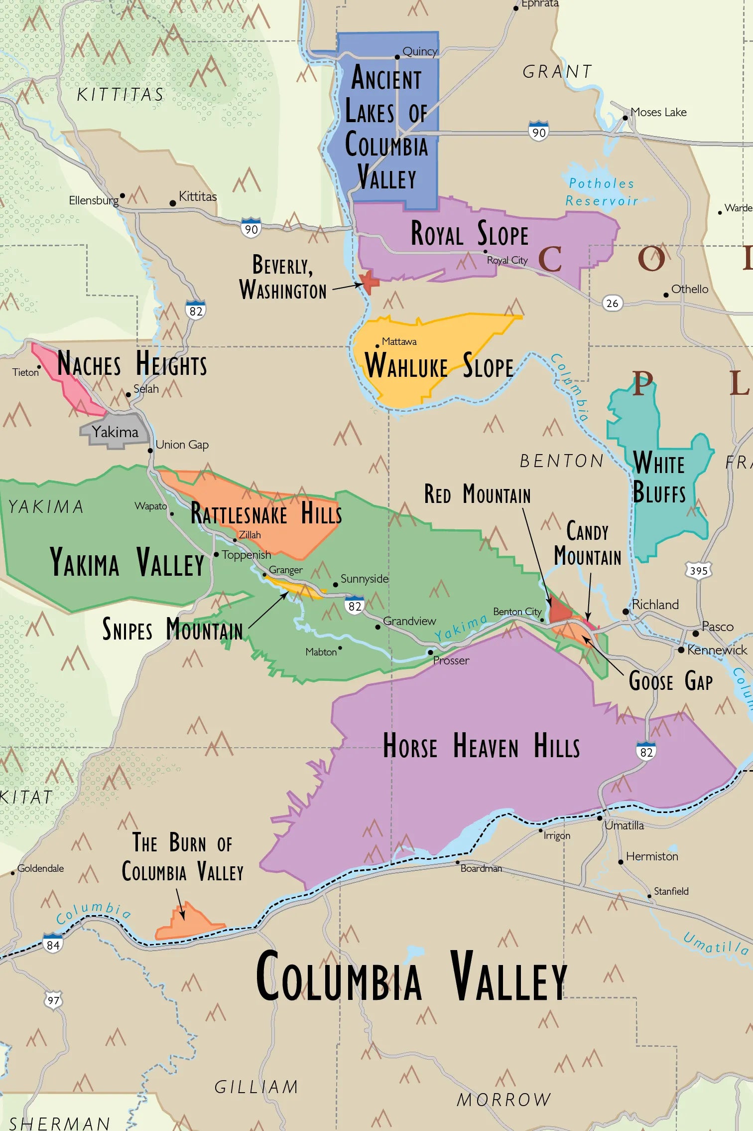 The Wine Map of the Pacific Northwest shows Columbia Valley AVA and its subregions—Ancient Lakes, Royal Slope, Red Mountain, Yakima Valley, Horse Heaven Hills—plus its connections to Oregon and Washington wine regions.