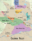 The Wine Map of the Pacific Northwest shows Columbia Valley AVA and its subregions—Ancient Lakes, Royal Slope, Red Mountain, Yakima Valley, Horse Heaven Hills—plus its connections to Oregon and Washington wine regions.