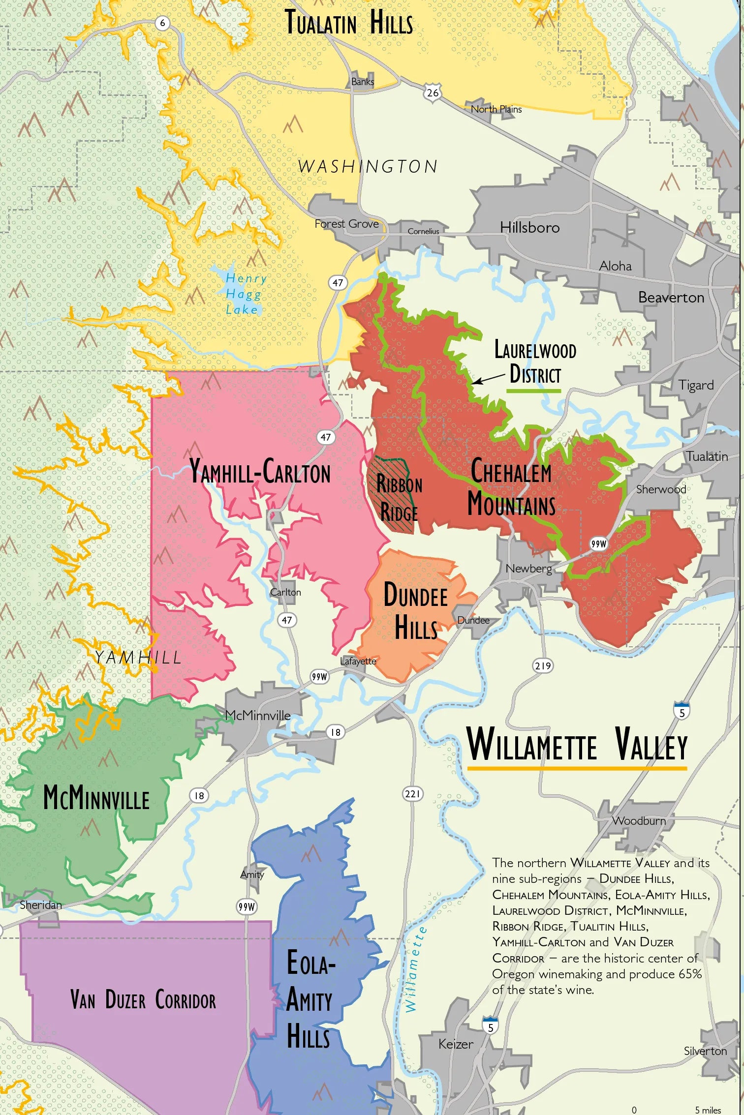 The Wine Map of the Pacific Northwest highlights northern Willamette Valley’s wine regions—Dundee Hills, Yamhill-Carlton, Eola-Amity Hills, and more—with clearly labeled districts and a brief region description at the bottom right.