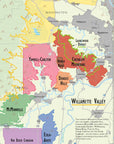 The Wine Map of the Pacific Northwest highlights northern Willamette Valley’s wine regions—Dundee Hills, Yamhill-Carlton, Eola-Amity Hills, and more—with clearly labeled districts and a brief region description at the bottom right.