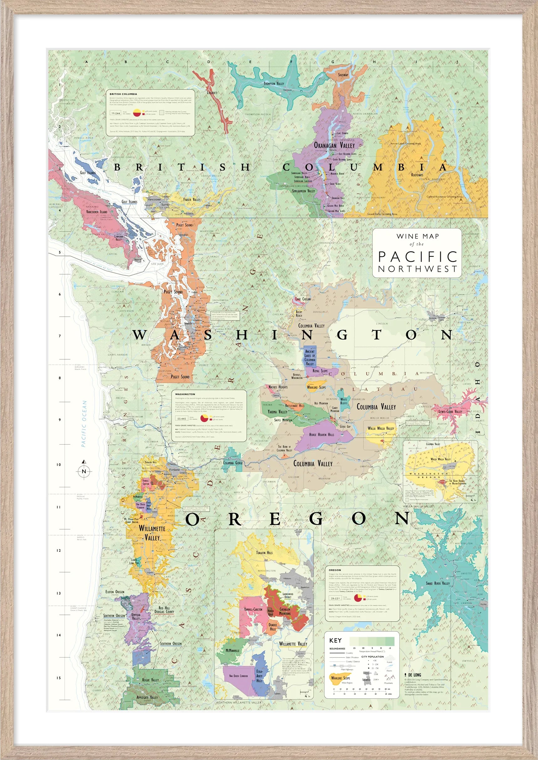 De Long Wine Map of the Pacific Northwest Framed highlights Oregon &amp; Washington AVAs and British Columbia regions.