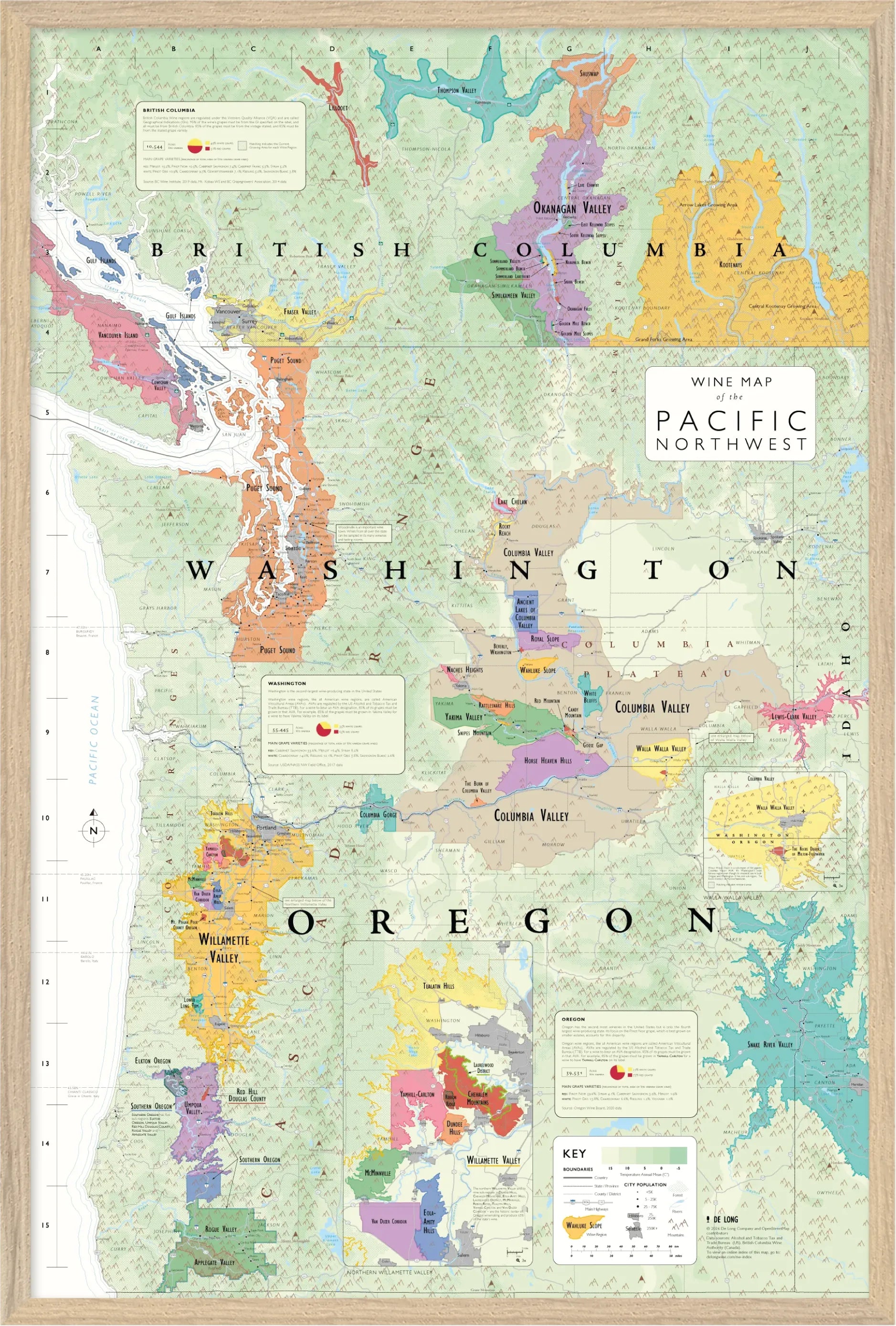 De Long Wine Map of the Pacific Northwest Framed features Oregon, Washington AVAs, and British Columbia regions.