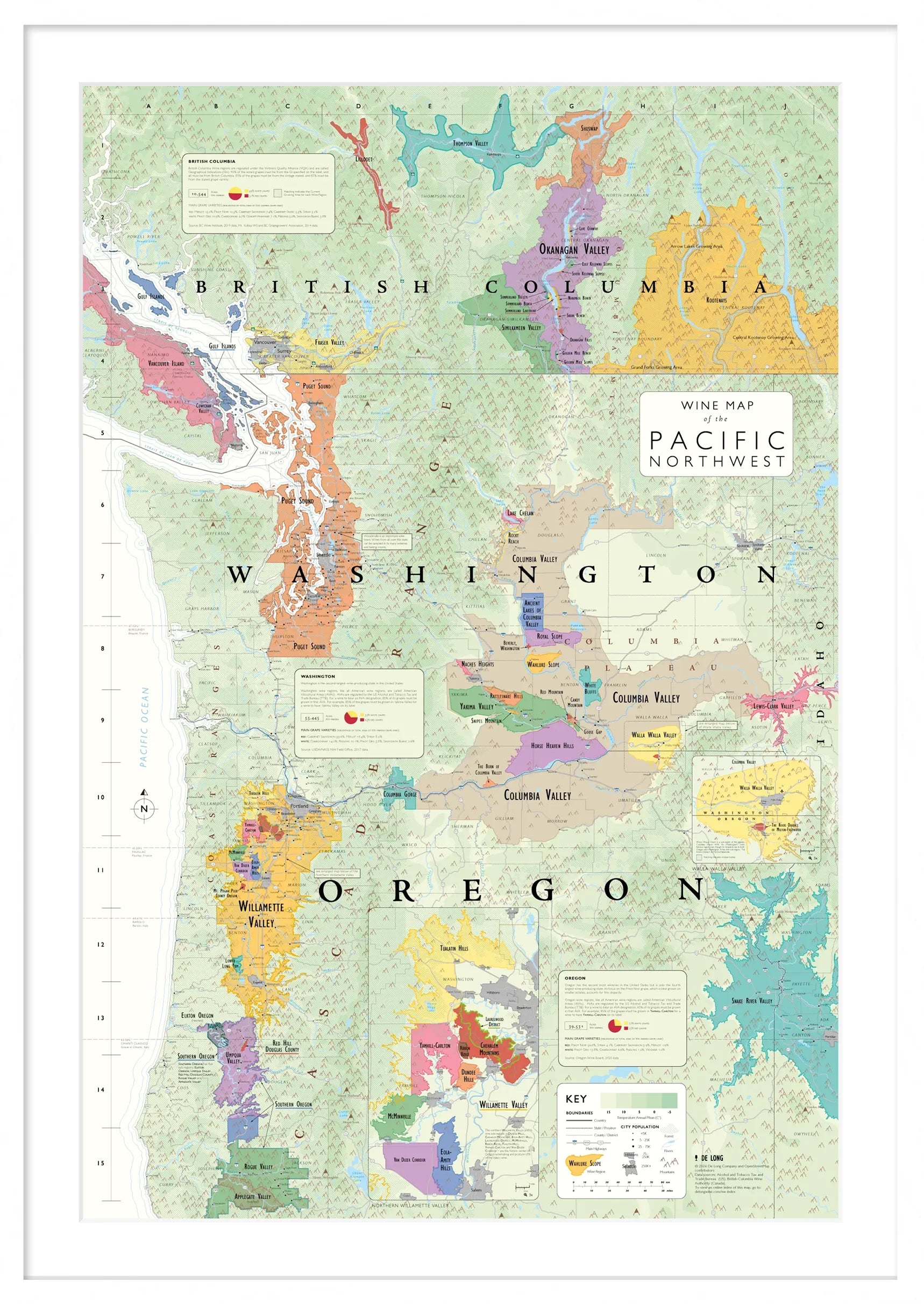 De Long Wine Map of the Pacific Northwest Framed features Oregon, Washington AVAs &amp; British Columbia in color.