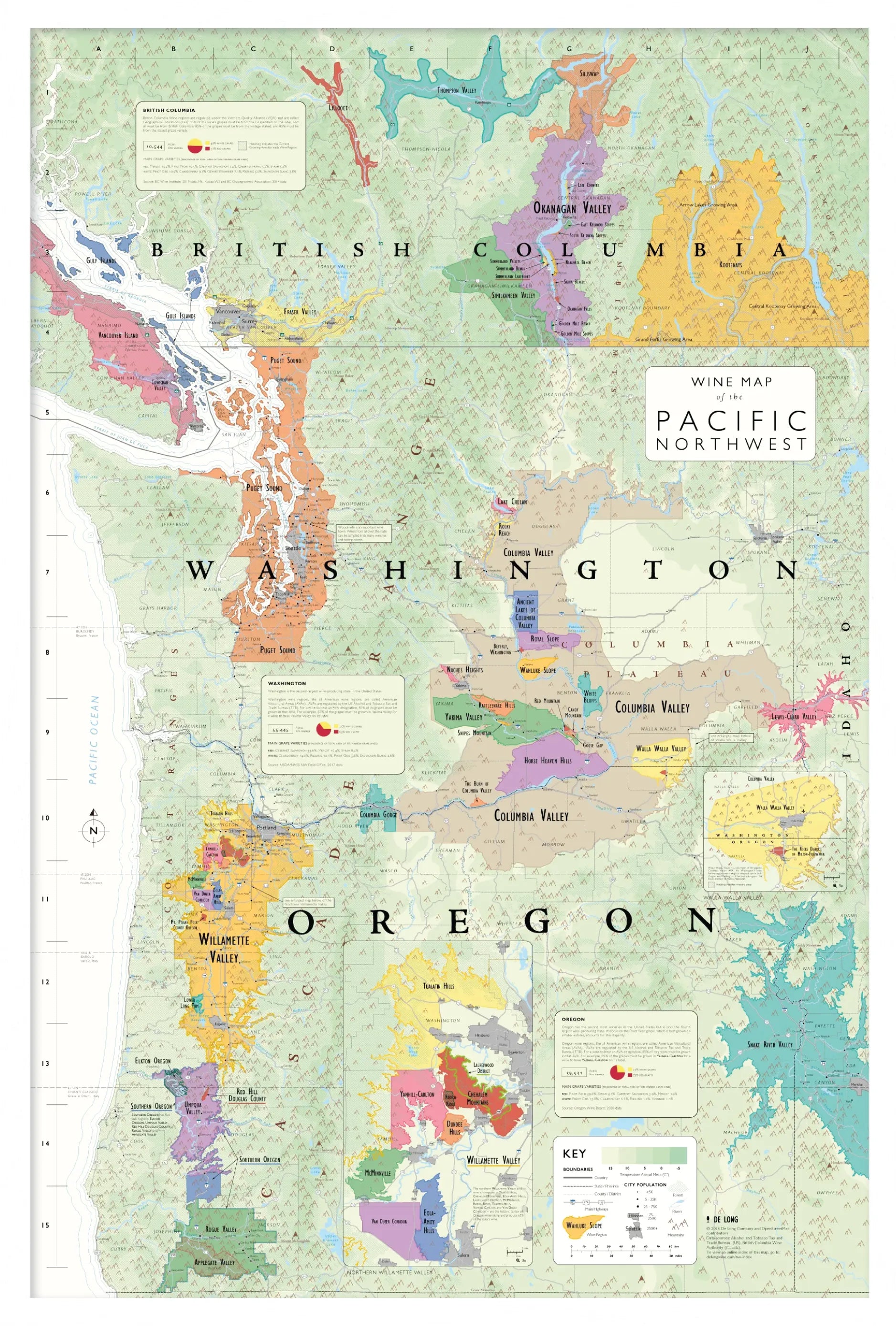 De Long Wine Map of the Pacific Northwest Framed shows Oregon, Washington AVAs, and British Columbia wine regions.