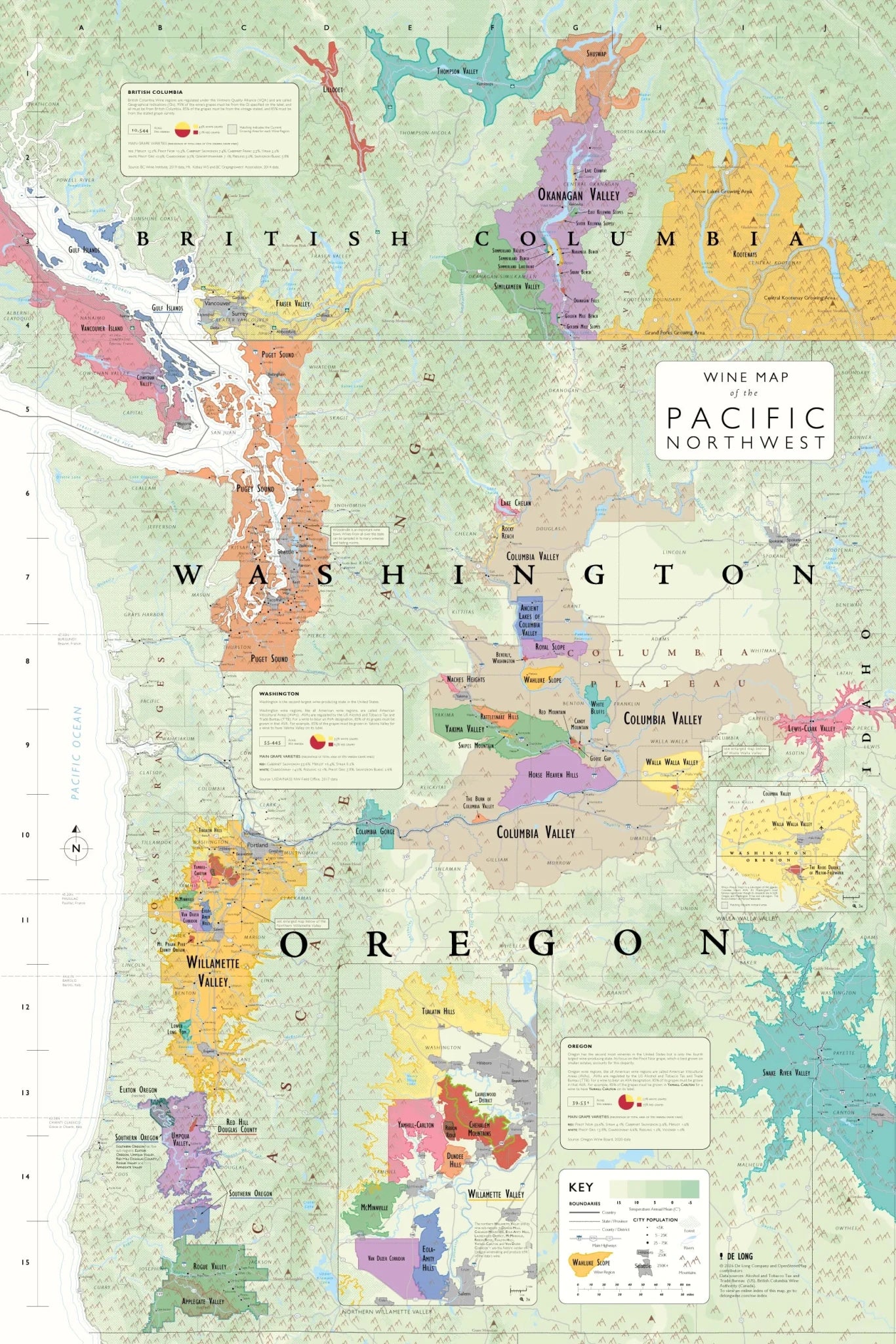 The Wine Map of the Pacific Northwest highlights Oregon and Washington AVAs plus British Columbia wine regions, featuring labeled areas, a key, and wine production charts in a colorful, detailed design.