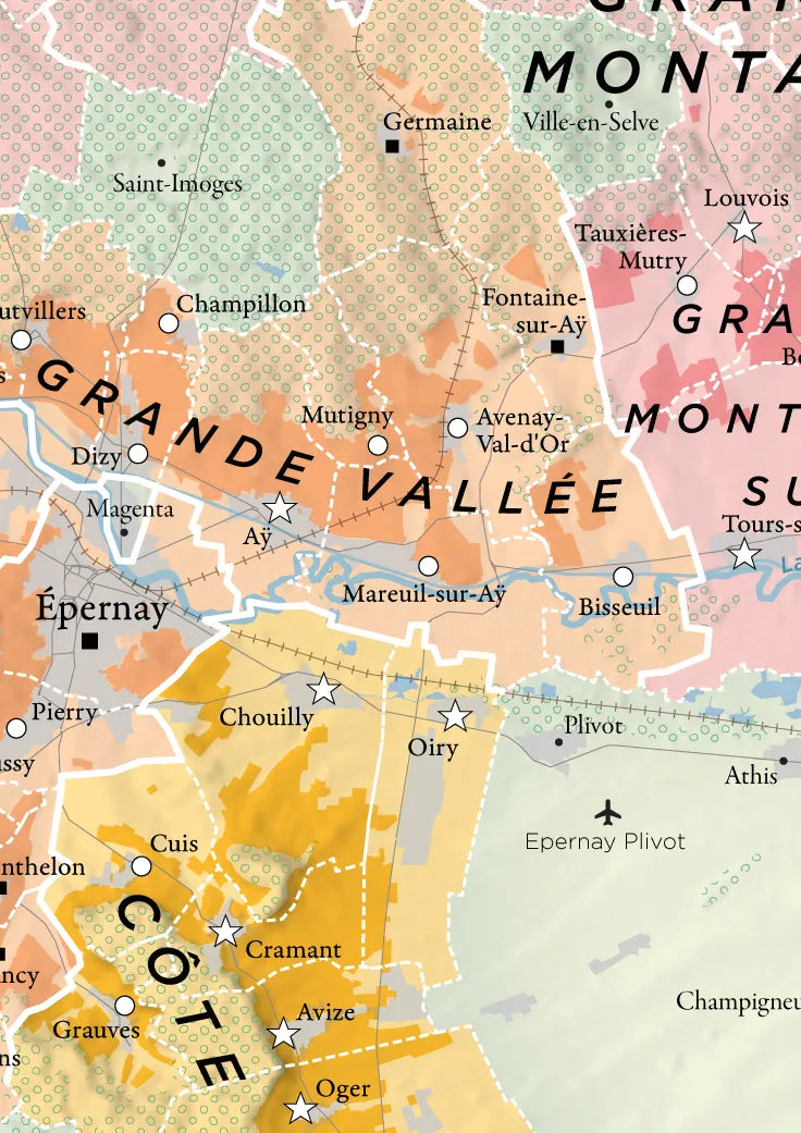 The "Wine Regions of Champagne" map details the French wine region near Épernay, showing villages, roads, rivers, and color-coded vineyards around Mareuil-sur-Ay, Mutigny, and Avenay-Val-d'Or.