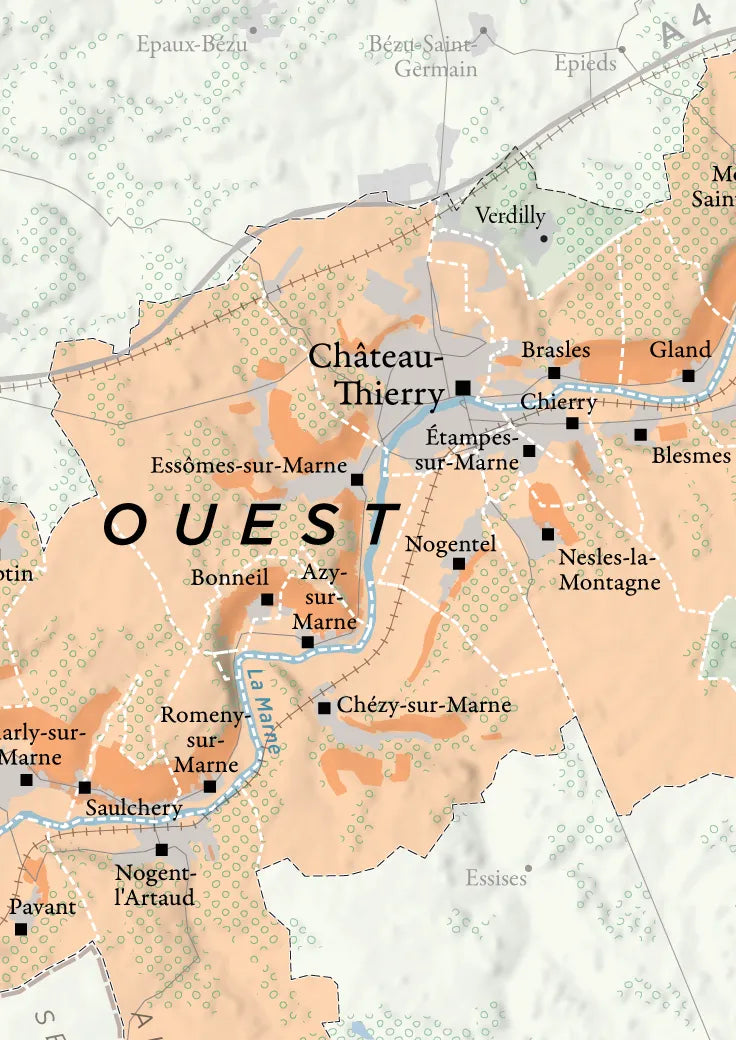 A Wine Regions of Champagne map detailing the Château-Thierry area in France, highlighting Essômes-sur-Marne, Nogentel, and Brasles with labeled rivers, roads, and shaded “OUEST” regions.