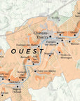 A Wine Regions of Champagne map detailing the Château-Thierry area in France, highlighting Essômes-sur-Marne, Nogentel, and Brasles with labeled rivers, roads, and shaded “OUEST” regions.