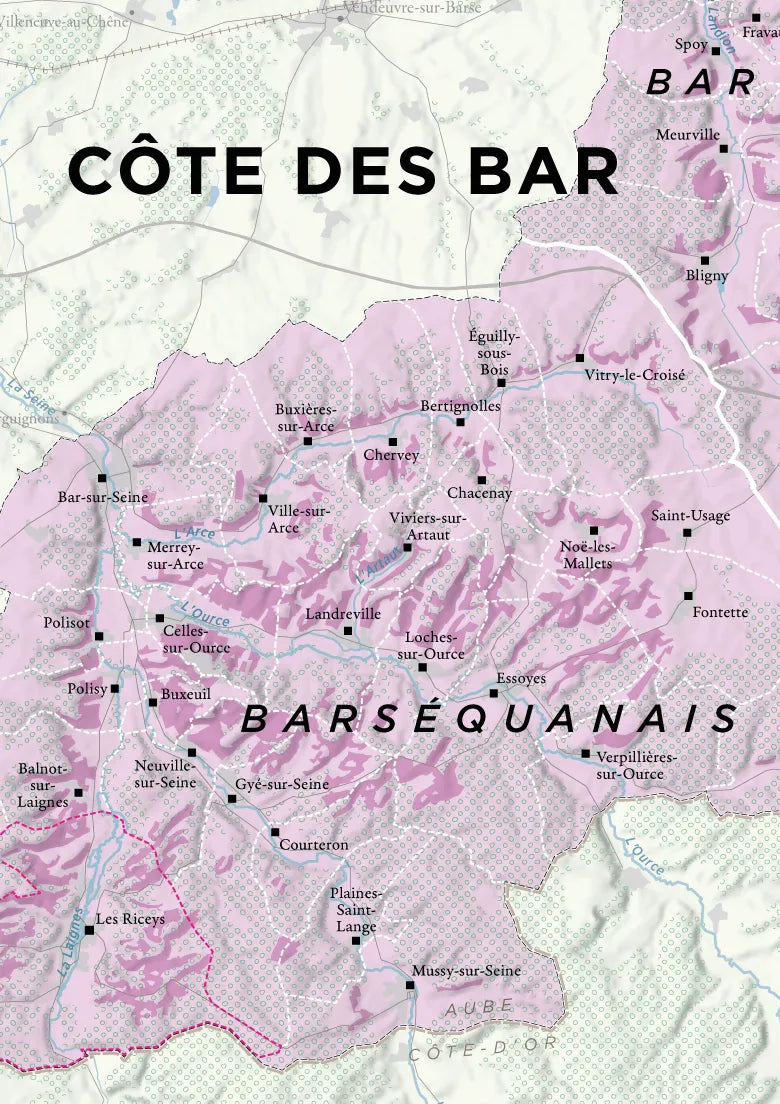 The "Wine Regions of Champagne" map details France's Côte des Bar, highlighting towns, villages, and vineyard areas in pink with clearly labeled locations and surrounding regions.