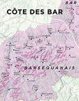 The "Wine Regions of Champagne" map details France's Côte des Bar, highlighting towns, villages, and vineyard areas in pink with clearly labeled locations and surrounding regions.