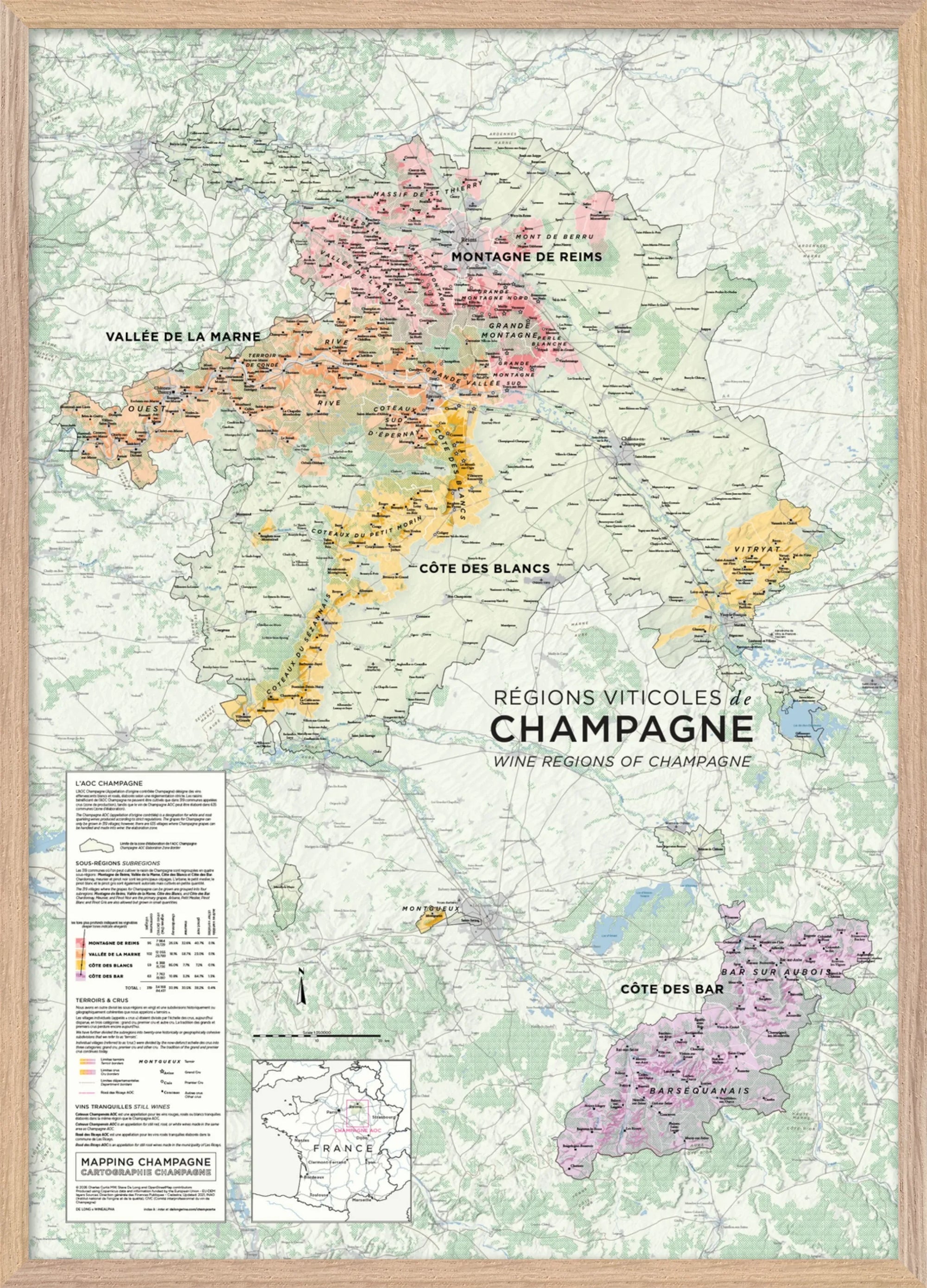 De Long Wine Regions of Champagne Framed map, A1, with French &amp; English labels: Montagne de Reims, Vallée de la Marne, Côte des Blancs.