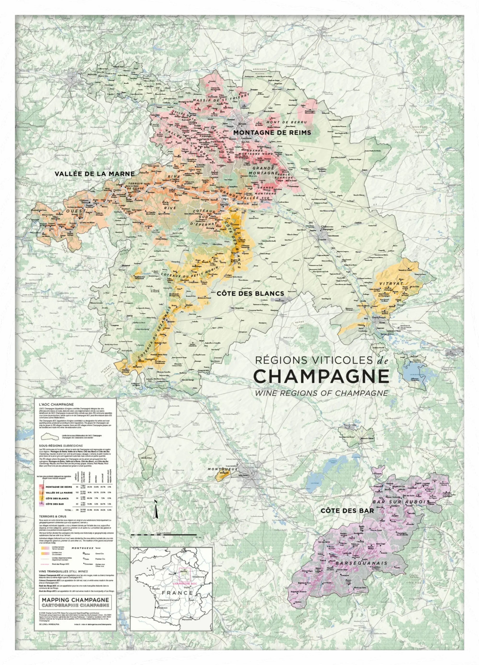De Long Wine Regions of Champagne Framed: A wood-framed A1 map highlighting key Champagne areas in France.