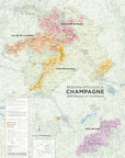 Discover the Wine Regions of Champagne map, featuring Montagne de Reims, Vallée de la Marne, Côte des Blancs, and Côte des Bar—each color-coded with key locations—on a detailed French wine map backdrop.
