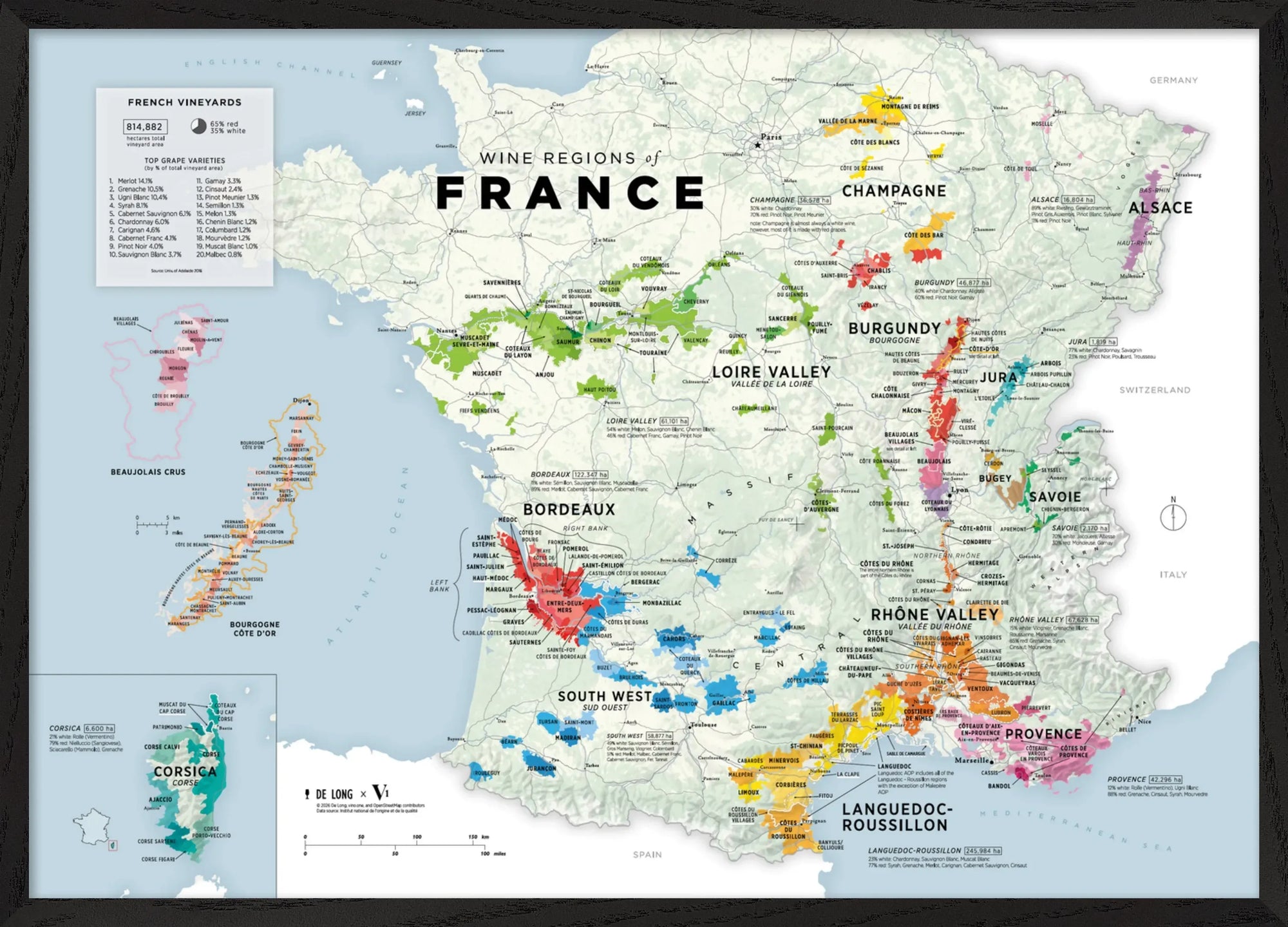 Wine Regions of France Vino One Framed by De Long: wood-framed map with Bordeaux, Champagne, Burgundy, Rhône & Loire.