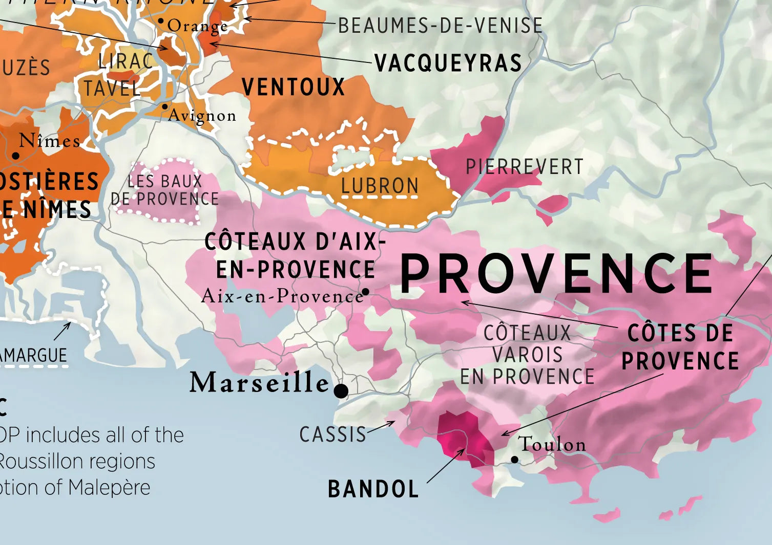 De Long Wine Regions of France Vino One map highlights Marseille, Toulon, Ventoux, and nearby wine areas in Provence.