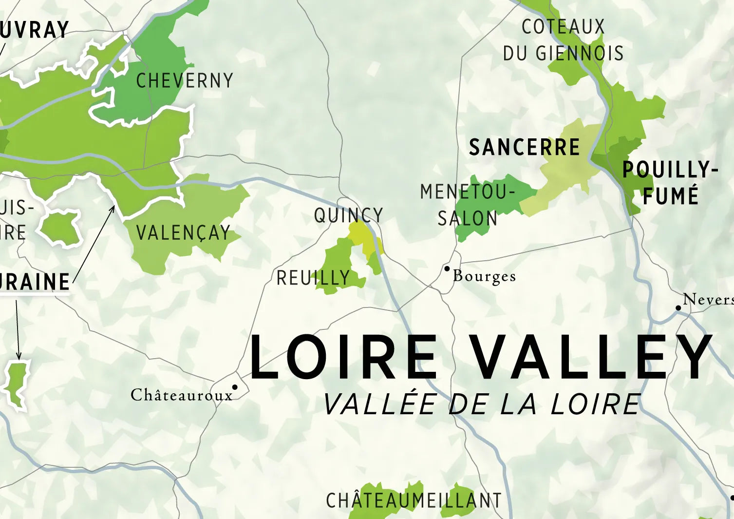 De Long Wine Regions of France Vino One map highlights Loire Valley areas: Sancerre, Pouilly-Fumé, Quincy, Reuilly.