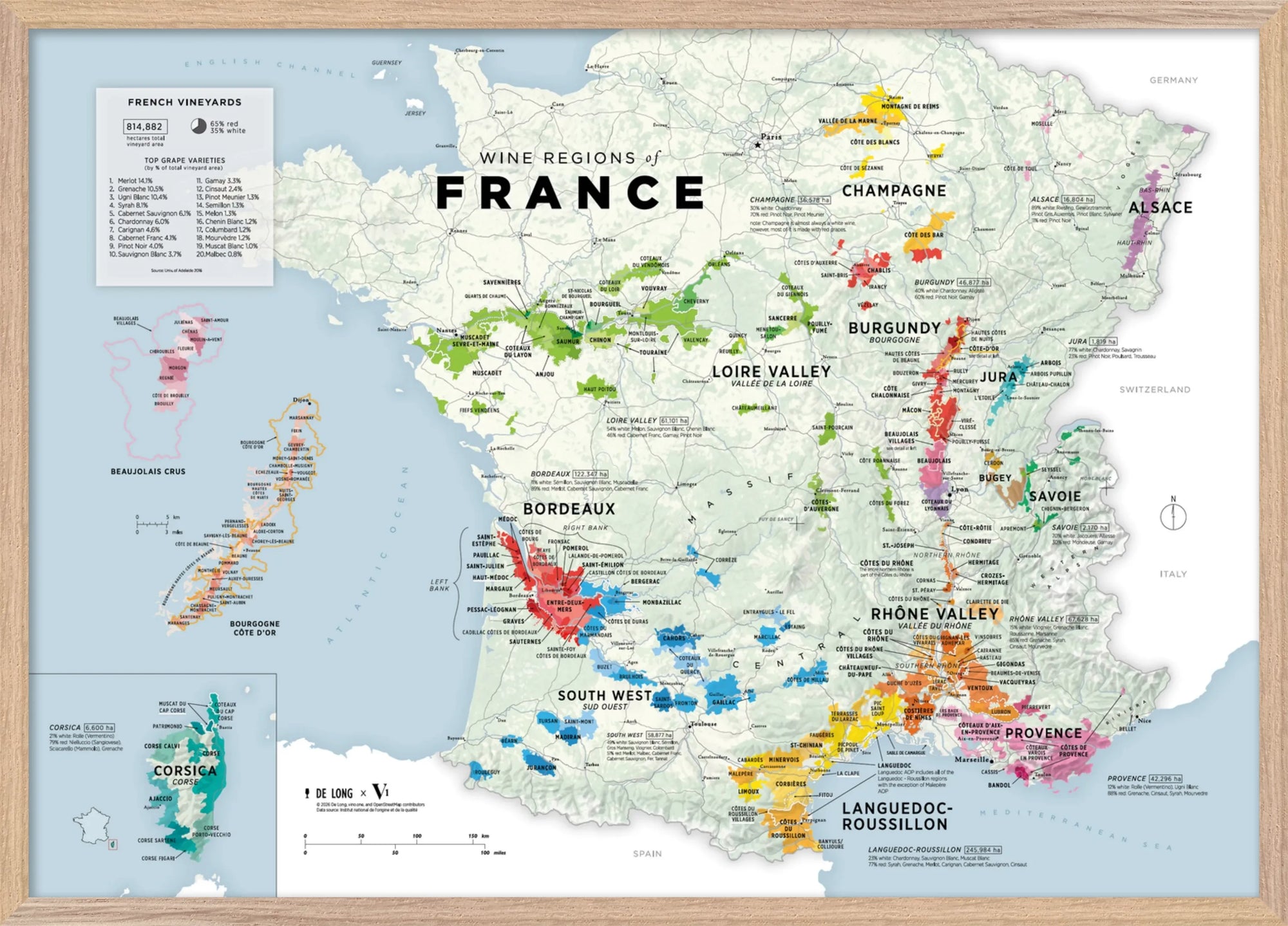Wine Regions of France Vino One Framed by De Long: wood-framed map featuring Bordeaux, Champagne, Burgundy &amp; more.