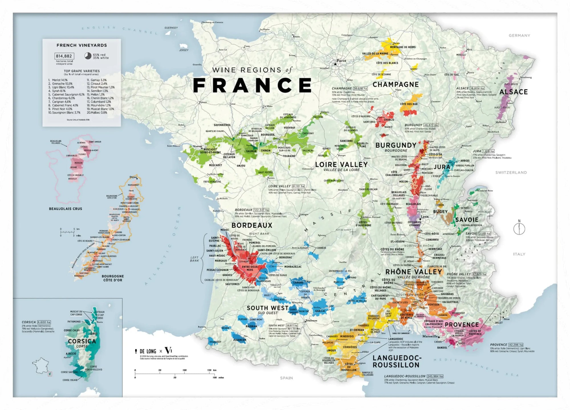 De Long Wine Regions of France Vino One Framed map features Bordeaux, Burgundy, Champagne, and more.