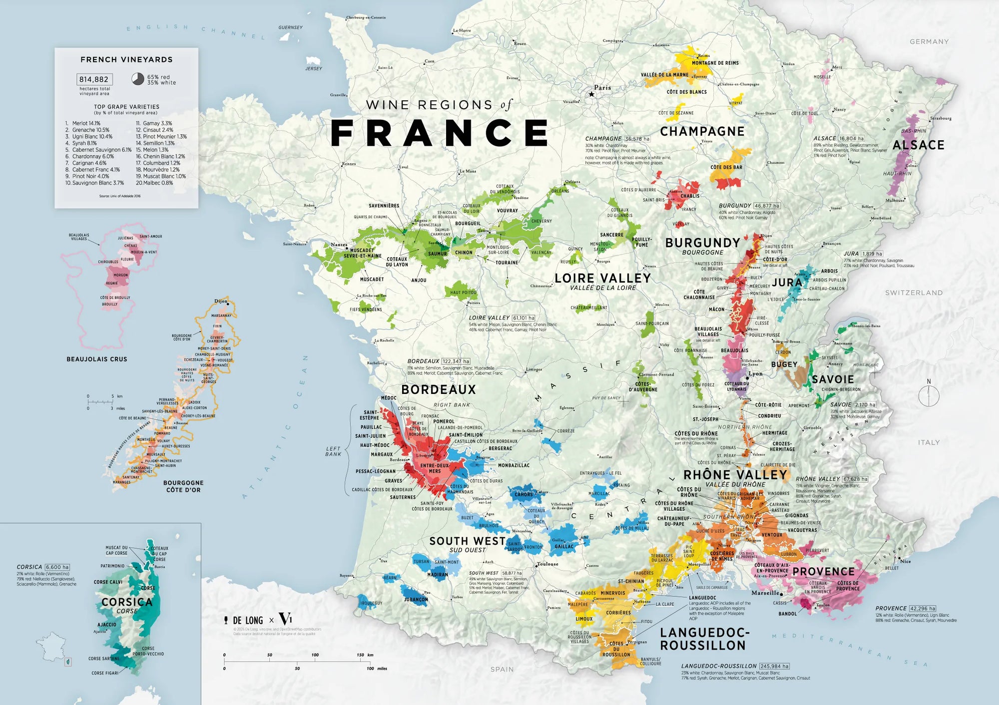 De Long's Wine Regions of France Vino One map shows major wine regions like Bordeaux, Champagne, and Burgundy.