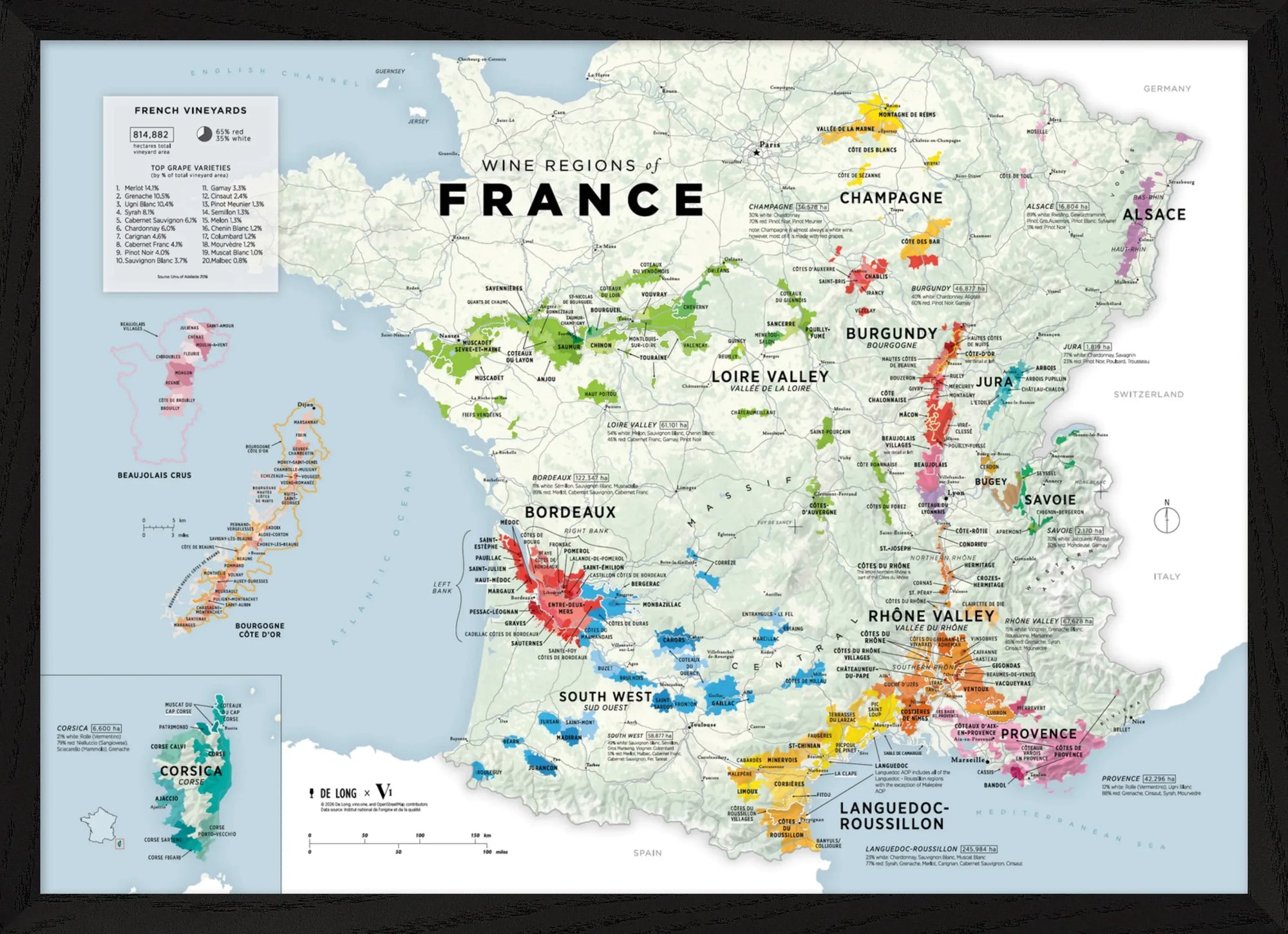 The De Long Wine Regions of France Vino One Framed map features Bordeaux, Burgundy, Champagne, Loire Valley & Provence.