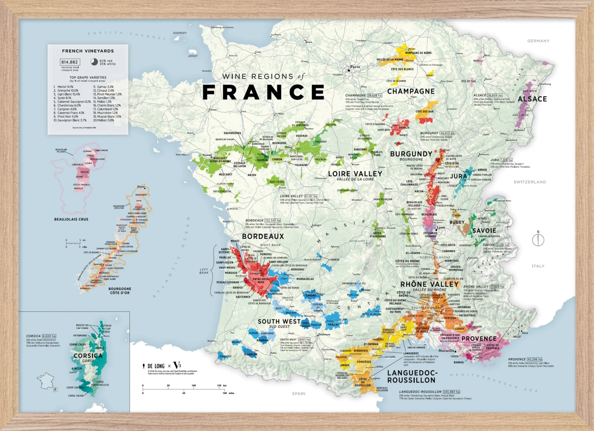 De Long Wine Regions of France Vino One Framed map shows major wine areas with Corsica and overseas insets.