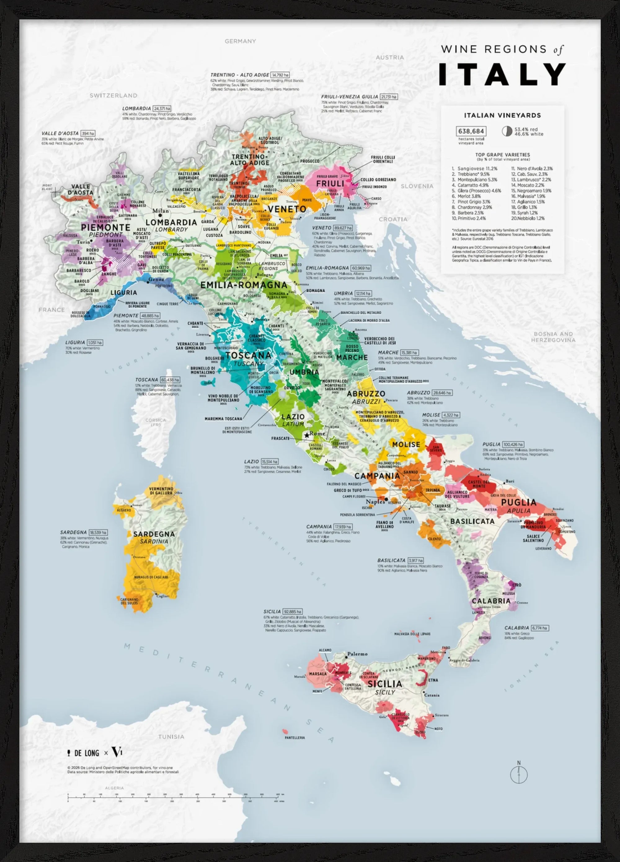 The De Long Wine Regions of Italy Vino One Framed map features colored vineyards, labeled cities, and detailed regions.