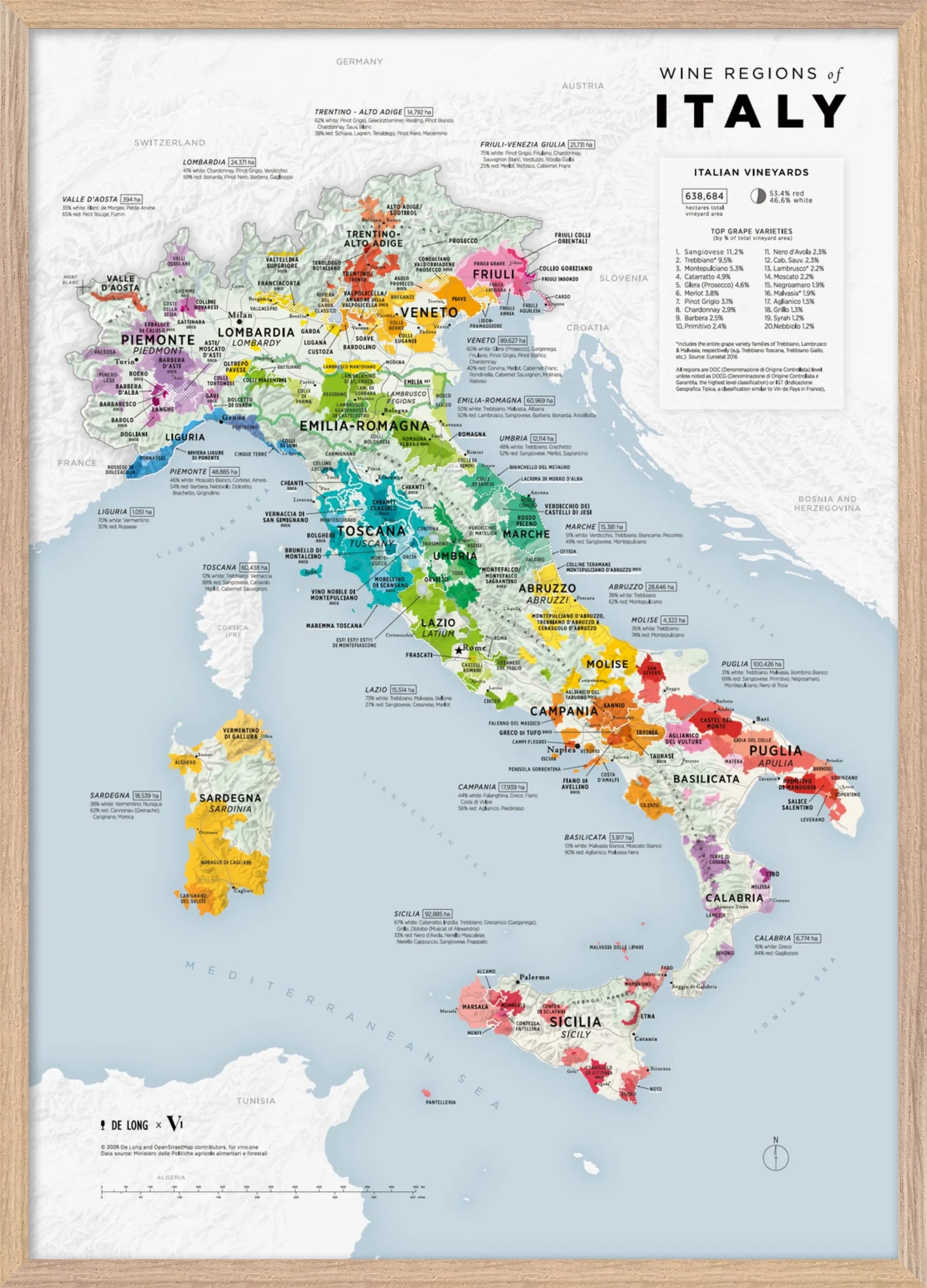 De Long Wine Regions of Italy Vino One Framed: A2/A1 color wine map with cities, wood frame.