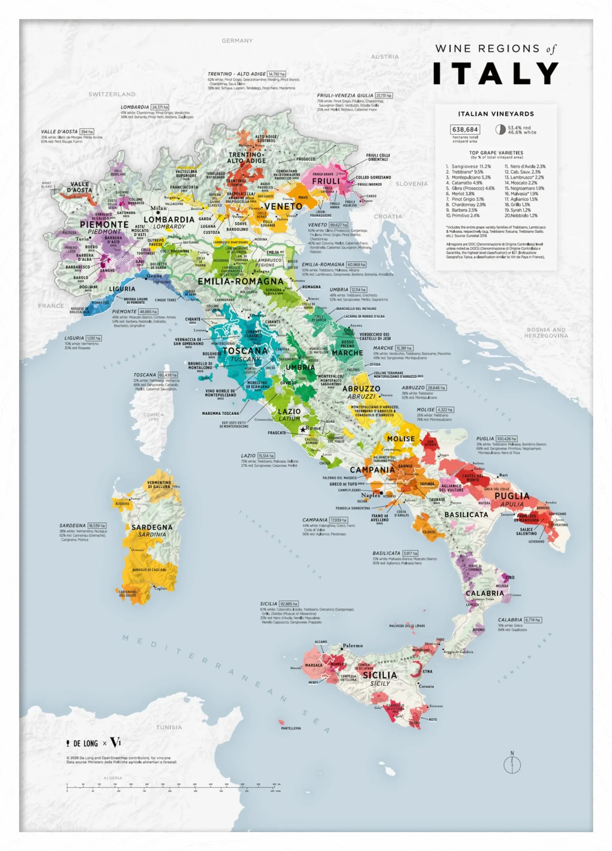 De Long Wine Regions of Italy Vino One Framed map shows vineyards, region names, and cities—perfect wall display.