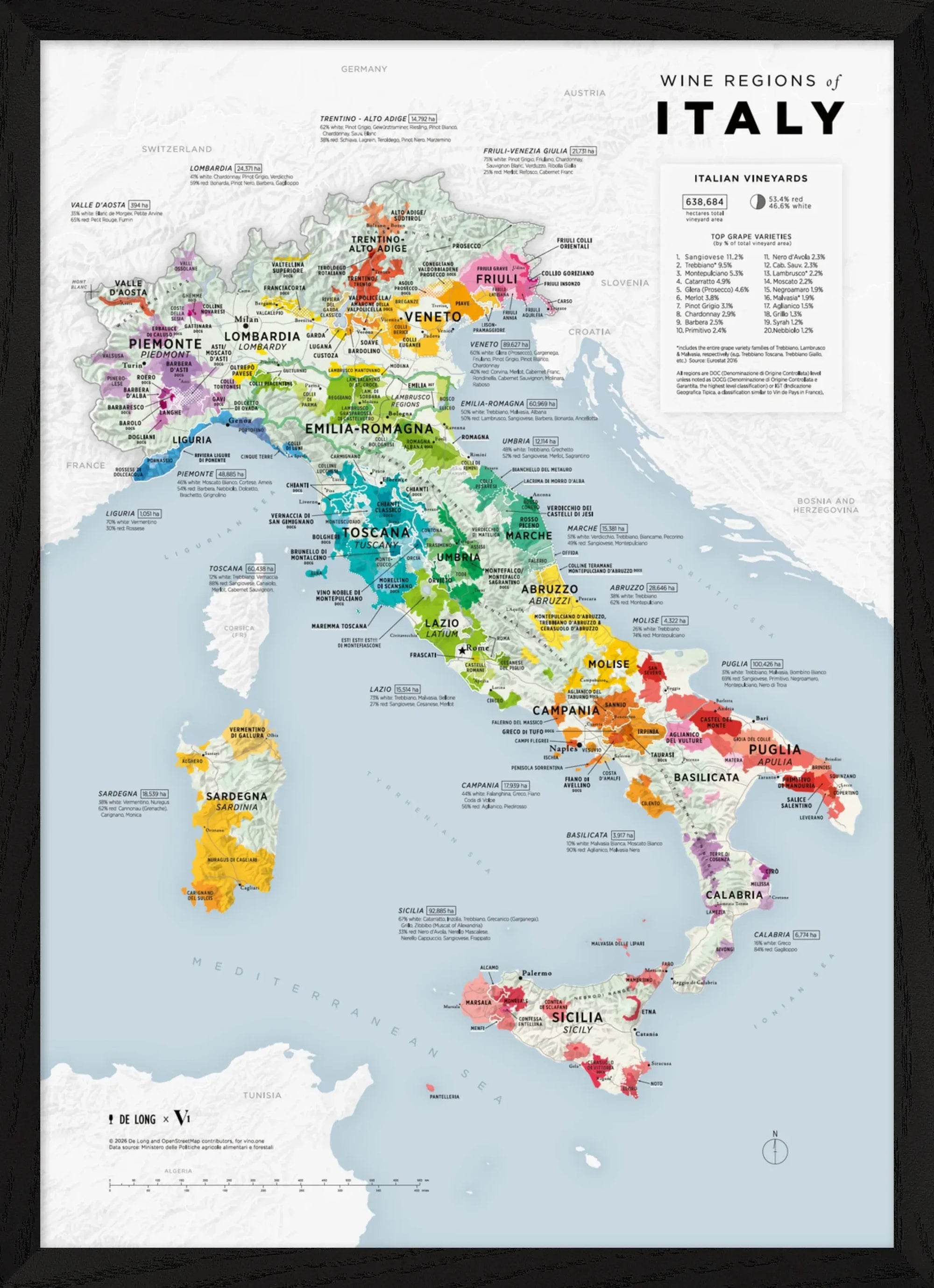 The De Long "Wine Regions of Italy Vino One Framed" shows Italian wine regions, vineyards, and major cities.