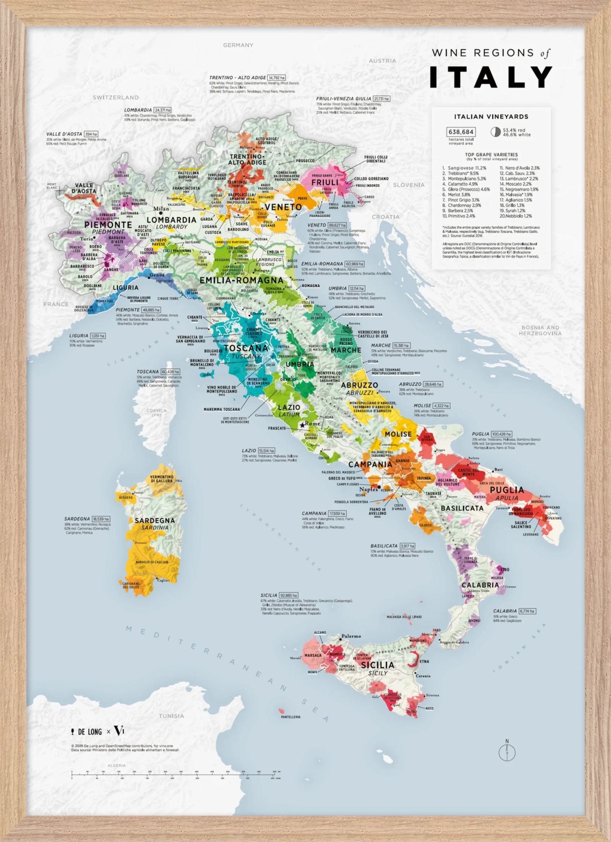 De Long Wine Regions of Italy Vino One Framed: Colorful A2/A1 map shows Piemonte, Tuscany, Veneto, Sicily & more.