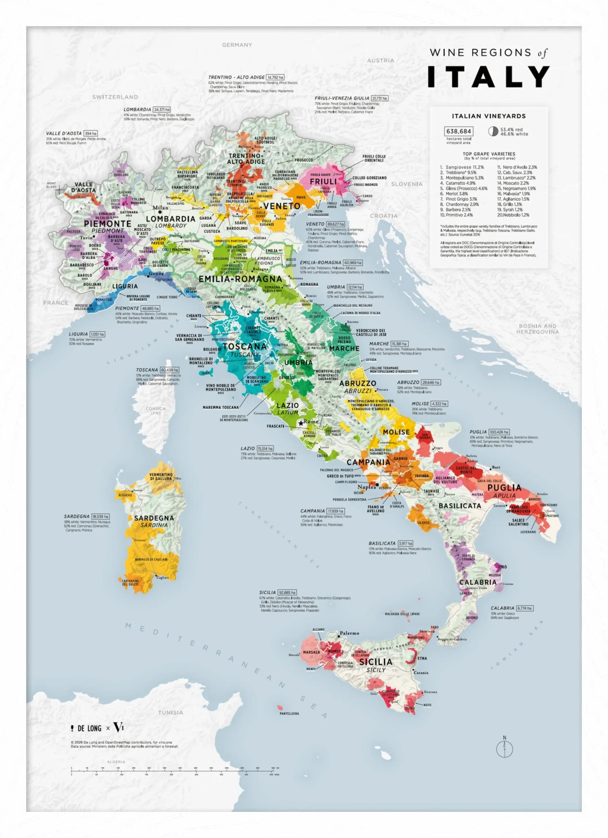 De Long's Wine Regions of Italy Vino One Framed map shows major regions and vineyards, labeled across the country.