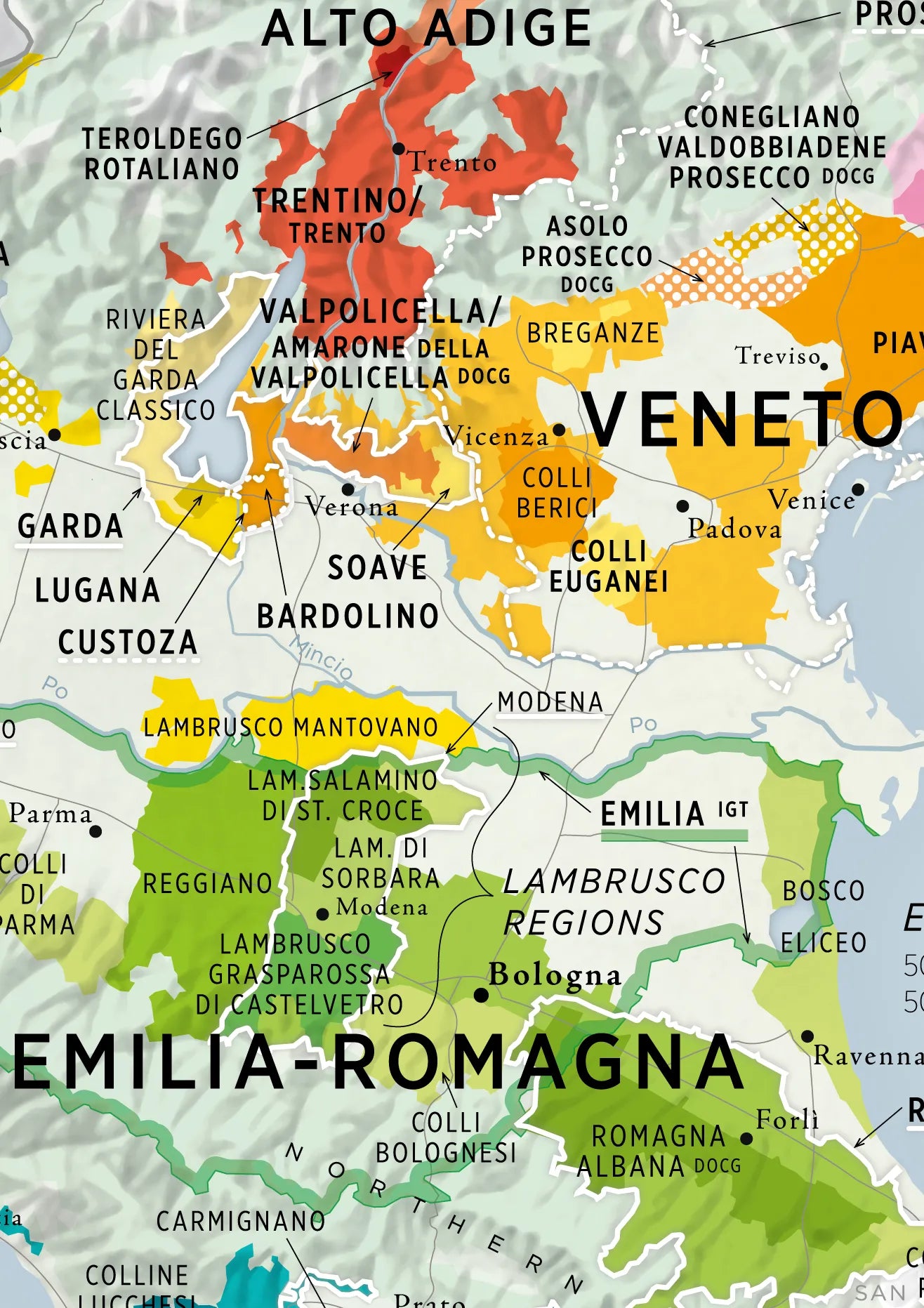 The Wine Regions of Italy Vino One by De Long highlights northern areas like Veneto and Alto Adige.