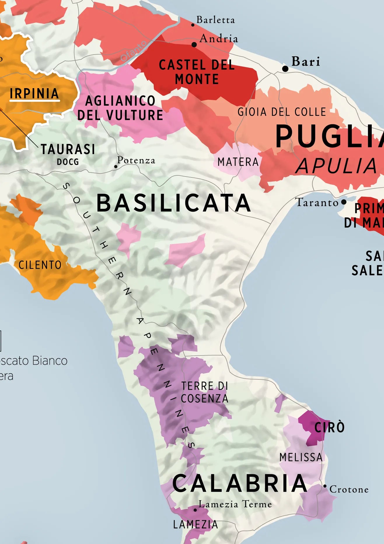 De Long's Wine Regions of Italy Vino One map highlights Basilicata, Calabria, and Puglia in southern Italy.