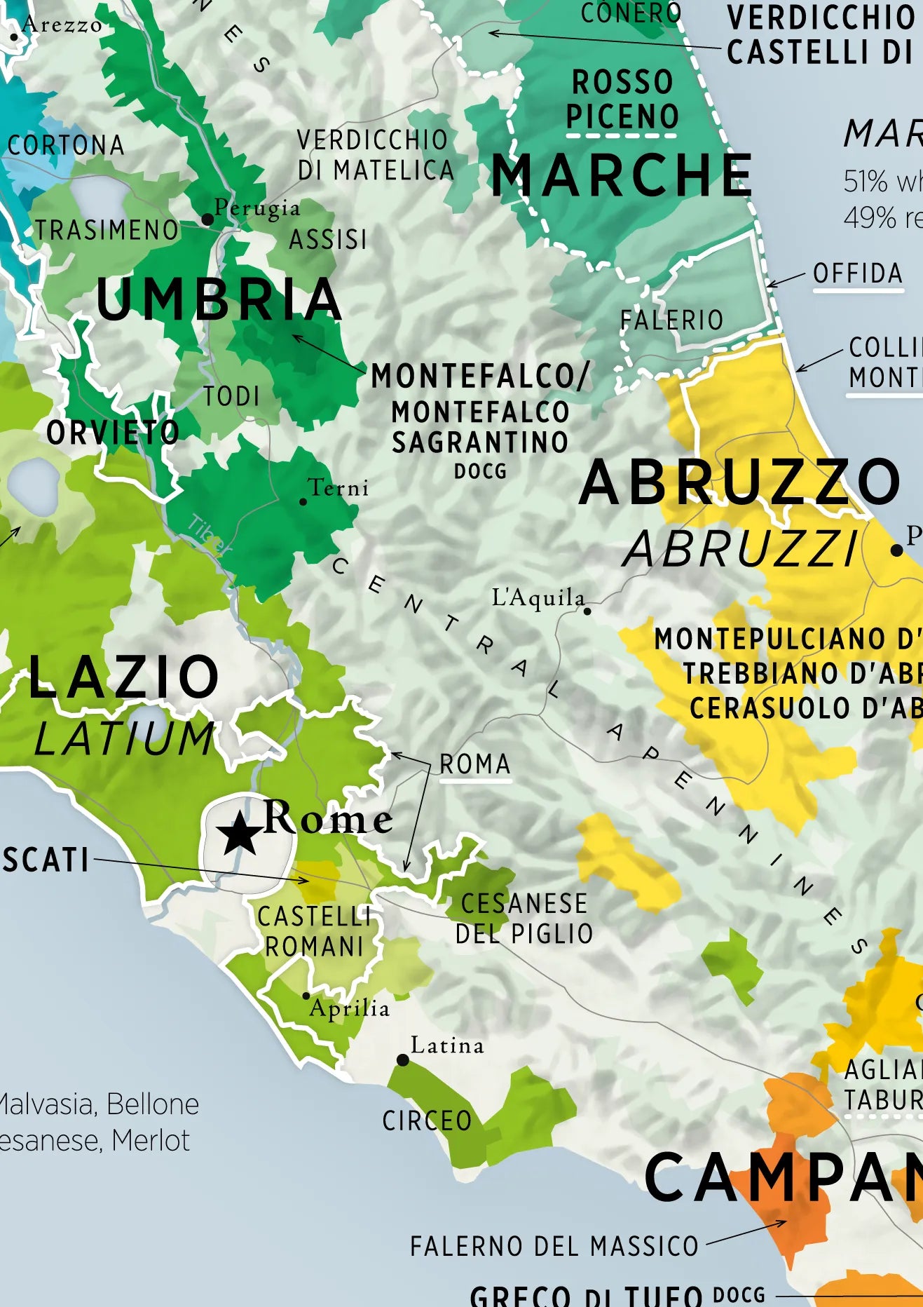 De Long Wine Regions of Italy Vino One map shows central Italian wine regions, cities, and grape varieties.