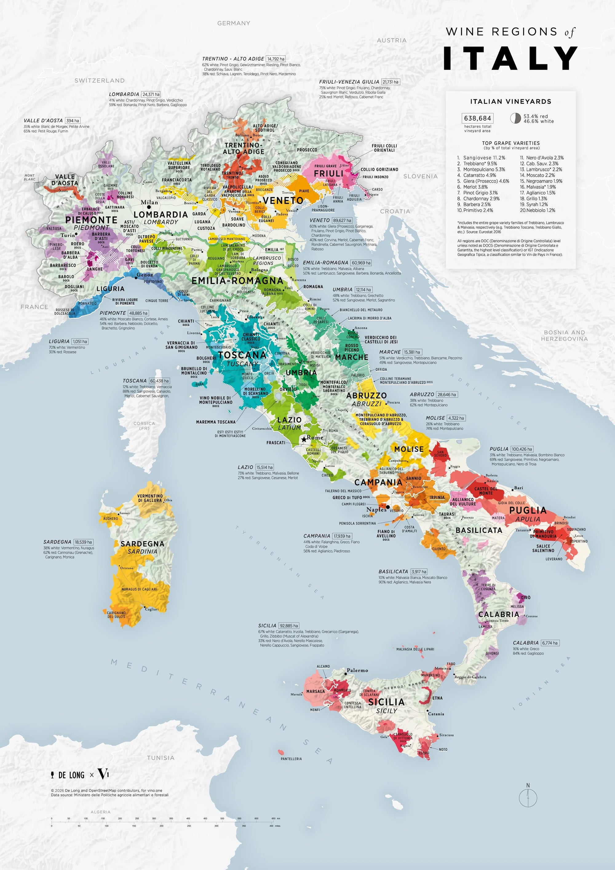 De Long Wine Regions of Italy Vino One map shows labeled wine regions and vineyards, including Sicily and Sardinia.