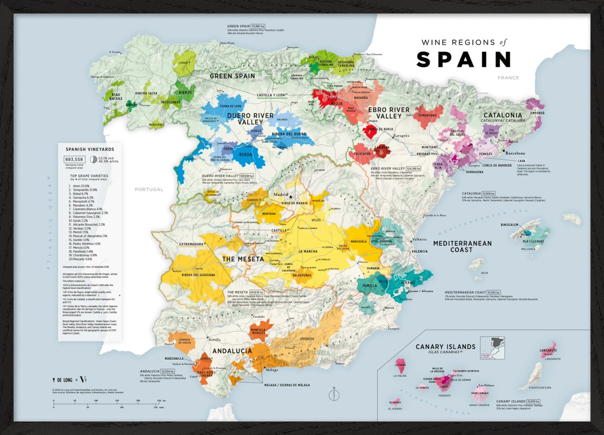 De Long's Wine Regions of Spain Vino One Framed map shows Spain's major wine regions in color with labels and a side legend.