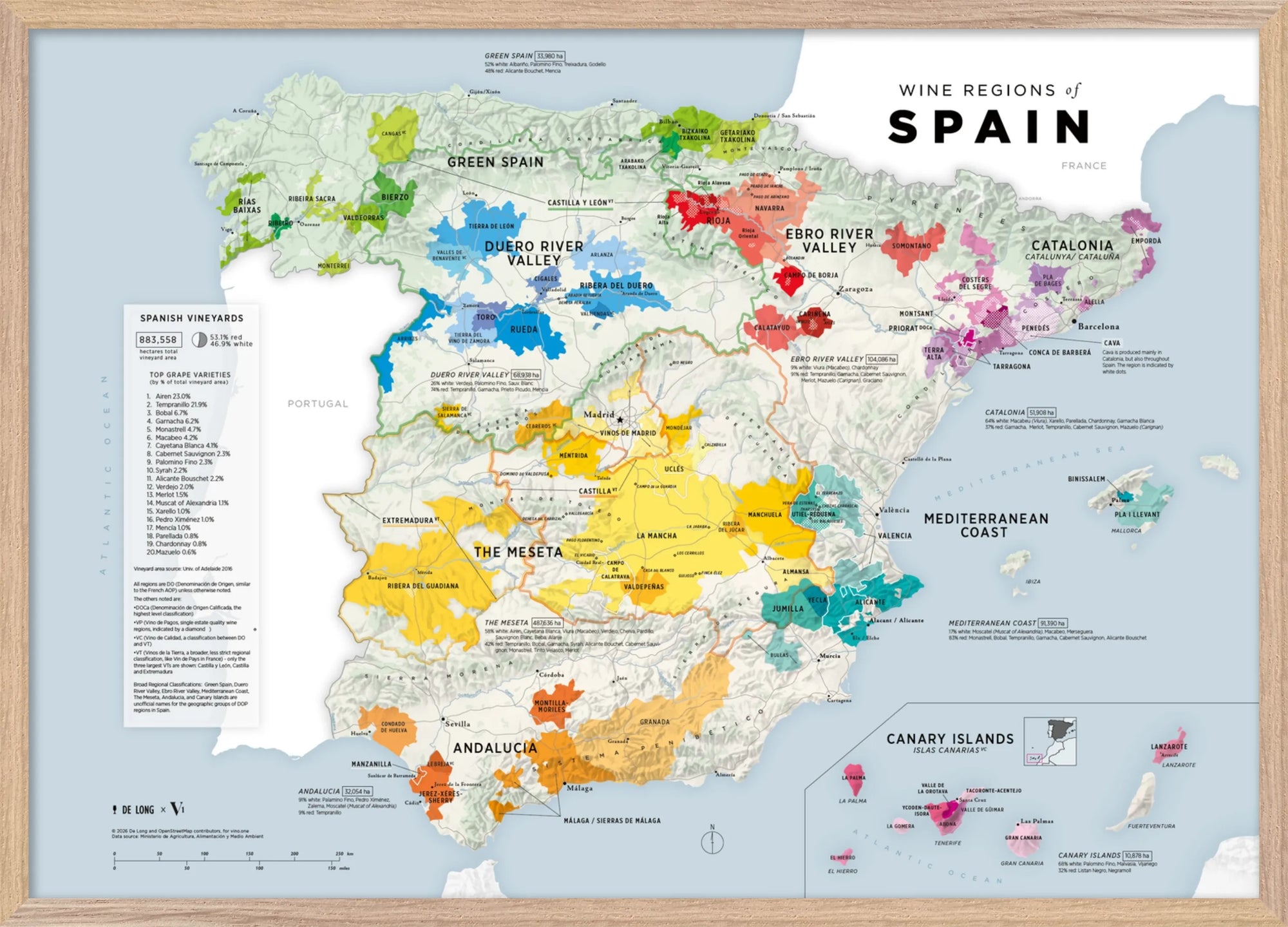 De Long Wine Regions of Spain Vino One Framed print highlights major areas like Rioja and Ribera del Duero.