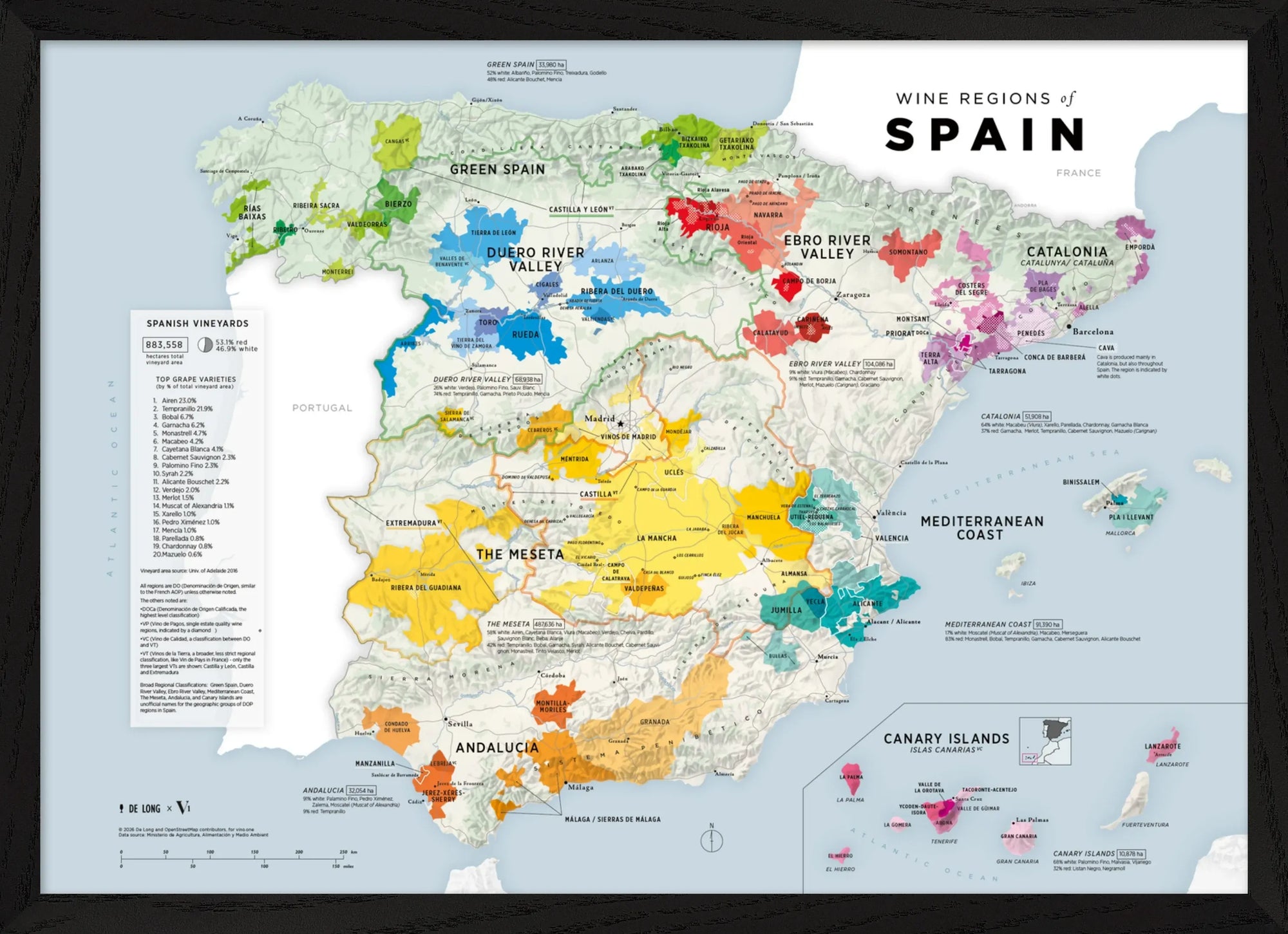 Wine Regions of Spain Vino One Framed by De Long: a colorful map of Spanish wine regions, including Rioja and Ribera del Duero.